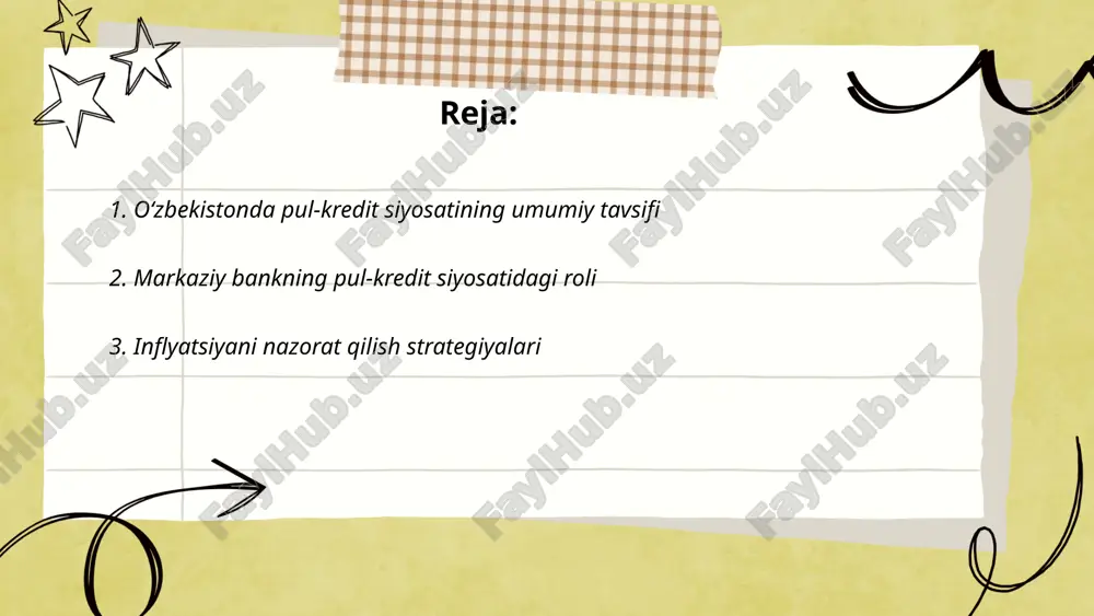 larini kamaytiradi. bu chora-tadbirlar iqtisodiy barqarorlikka va yurtning umumiy iqtisodiy siyosatiga muvofiq amalga oshiriladi. ... t.me/slaydai_bot inflyatsiyani nazorat qilish strategiyalari qatoriga pul-kredit siyosatini kuchaytirish, markaziy bankning asosiy foiz stavkalarini oshirish kiradi, bu esa pul massasi o‘sishini cheklaydi. narxlar barqarorligini saqlash uchun davlat byudjet defitsitini kamaytirish, davlat xarajatlarini optimallashtirish muhimdir. shuningdek, soliq-bojxona tartibotlarini yaxshilash va iqtisodiyotda raqobatni oshirish orqali narx tebranishlarini cheklash amaliyotlari mavjud. o‘zbekiston markaziy banki inflyatsiya darajasini 2022 yilda 12-14% oralig‘ida ushlab turish rejasini amalga oshirayotgan edi. inflyatsiyani nazorat qilish uchun valuta kursini optimallashtirish va valyuta zaxiralarini samarali boshqarish ham dolzarb hisoblanadi. 2023 yil uchun inflyatsiya prognozi 8-9% atrofida belgilangan. ushbu strategiyalar iqtisodiy barqarorlik va o‘sishni ta’minlashda muhim rol o‘ynaydi. ... t.me/slaydai_bot 4. valyuta kursi siyosati valyuta kursi siyosati mamlakatlarning iqtisodiy barqarorligini ta'minlashda muhim vositadir. o'zbekiston respublikasi markaziy banki valyuta kursini nazorat qilish orqali milliy valyutani qo'llab-quvvatlaydi. 2020-yilda o'zbekistonda inflyatsiya darajasi 11,1% ni tashkil qildi va valyuta kursining o'zgaruvchanligi …