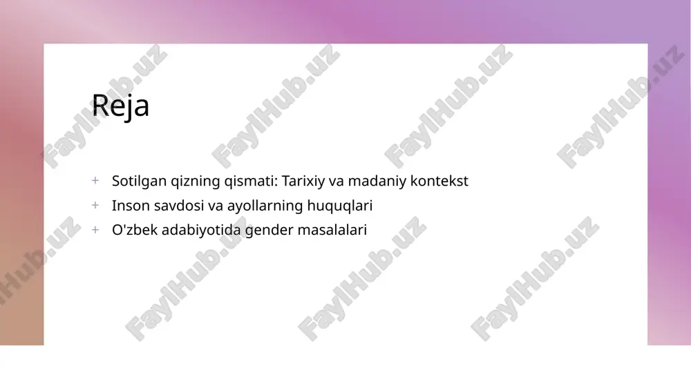 o'zgartirdi. inson savdosi: o'zbekistonda ayollarning huquqlari va muammolari. huquqlar va muammolar o'zbekistonda ayollar inson savdosi qurboniga aylanishi natijasida o'z huquqlaridan mahrum bo'ladi, bu esa ularning ijtimoiy himoyasini zaiflashtiradi. huquqiy tizim o'zbekistonda inson savdosi bo'yicha qonunlar mavjud, lekin ularning samaradorligi past. ko'plab ayollar o'z huquqlarini bilmaydilar va adolatsizlikka duch keladilar. ijtimoiy ta'sir inson savdosi o'zbekistonda ayollarning iqtisodiy va ijtimoiy holatiga salbiy ta'sir ko'rsatadi, bu ularning oilalari va jamiyat uchun ham xavf tug'diradi. gender tengligi: inson savdosi va uning ayollarga ta'siri. 1 gender va tenglik gender tengligi, ayollarning inson savdosida duch kelgan muammolarini ochib beradi. o'zbek jamiyatida ayollar ko'pincha ijtimoiy va iqtisodiy jihatdan himoyasiz qoladilar. 2 savdo va ayollar inson savdosi, o'zbekistondagi ayollarning huquqlarini poymol qiladi. bu masala, ularning iqtisodiy va ijtimoiy mustaqilligiga salbiy ta'sir ko'rsatadi. 3 ta'sir va yechimlar gender tengligi va inson savdosining ta'sirini kamaytirish uchun huquqiy va ijtimoiy chora-tadbirlarni amalga oshirish zarur. bu, ayollarning huquqlarini himoya qilishga yordam beradi. …