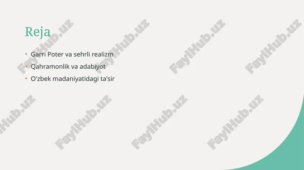 gi ko'rinishda birlashtirib, madaniy integratsiya jarayonini kuchaytiradi va yoshlar orasida qiziqish uyg'otadi. garri poter: qahramonlik va sehrli realizm o'rtasidagi bog'lanish. 1 qahramonlik kichik olamlar garri poter seriyasida qahramonlar o'z ichiga olgan sehrli olamlar, yoshlarni mardlik va adolatga undaydi, o'zgarishlar va qiyinchiliklar orqali o'sish imkonini beradi. 2 sehrli realizm asoslari sehrli realizm garri poterda voqealarni oddiy hayot bilan bog'lab, kutilmagan voqealarni kiritadi, bu esa qahramonlikni yanada jozibador qiladi va tasavvurni kengaytiradi. 3 madaniy ta'sir o'zbek madaniyatida garri poter qahramonlik va sehrni birlashtirib, yoshlarning axloqiy qadriyatlarini shakllantiradi, shuningdek, an'anaviy hikoyalar bilan bog'liq o'ziga xosliklarni taqdim etadi. qahramonlarning rivojlanishi: garri poter seriyasidagi qahramonlik temalari. 1 qahramonlar va o'sish - garri poter seriyasida qahramonlar o'z hayotlari davomida rivojlanadi, bu ularning ichki kuchini va qiyinchiliklarga qarshi kurashini ko'rsatadi. 2 garri poterning o'zgarishi - garri poter, bolalikdan boshlab, dostlik, mas'uliyat va qahramonlikni o'rganadi, bu esa uning xarakterining asosiy rivojlanishi hisoblanadi. 3 hermiona granger: aqllilik va jasorat …