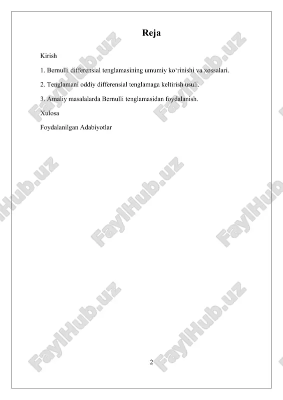 ndan tashqari, bu tenglamalar orqali boshqa chiziqli bo‘lmagan differensial tenglamalarni yechishda ham foydali tajriba orttiriladi. shuningdek, bu tenglamaning asosida yotgan matematik mantiqni tushunish kelgusidagi murakkab modellashtirish ishlari uchun mustahkam poydevor bo‘lib xizmat qiladi. i. bernulli differensial tenglamasining umumiy ko‘rinishi va xossalari. differensial tenglamalar turli tabiat hodisalari, muhandislik masalalari va texnik jarayonlarning matematik modellari sifatida xizmat qiladi. ayniqsa, chiziqli bo‘lmagan differensial tenglamalar ko‘p hollarda murakkab dinamik jarayonlarni ifodalashda muhim rol o‘ynaydi. shunday tenglamalardan biri – bernulli differensial tenglamasidir. u o‘zining umumiy shakli, o‘ziga xos xossalari va yechish usuli bilan boshqa ko‘plab tenglamalardan ajralib turadi. bernulli differensial tenglamasi birinchi tartibli bo‘lib, noma’lum funksiyaning o‘ziga va uning darajali ifodasiga ega. ushbu tenglama o‘ziga xos tuzilishga ega bo‘lib, chiziqli bo‘lmagan bo‘lishiga qaramay, ma’lum almashtirish orqali chiziqli differensial tenglamaga keltiriladi. bu esa uning yechimini oddiy va tushunarli shaklda ifodalash imkonini beradi. bernulli tenglamasi, asosan, noma’lum funksiyaning birinchi darajali hosilasi, o‘zi va darajali ko‘rinishi orqali ifodalanadi. …