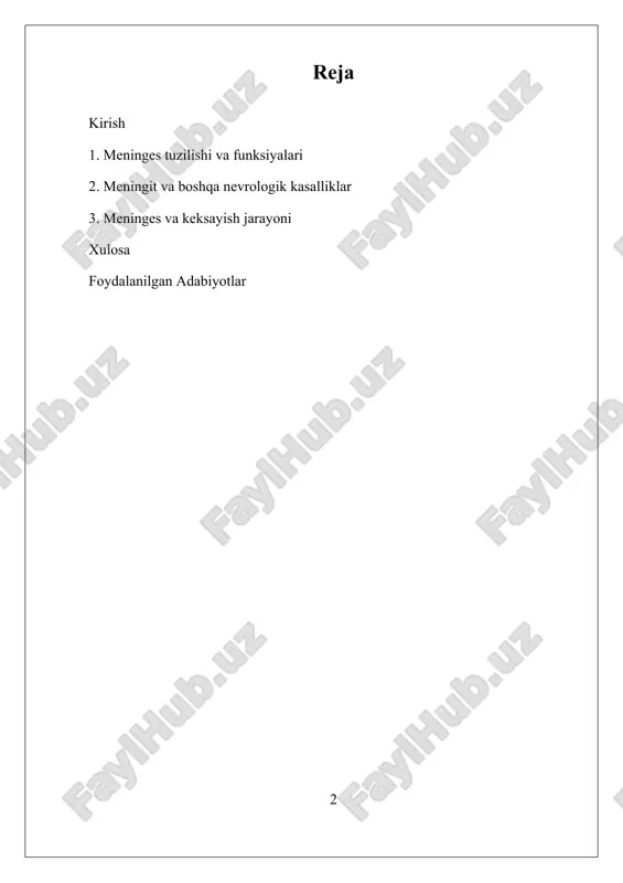 zarbalardan himoya qilish, ularni oziqlantirish va ularning ishdan chiqishini oldini olishda muhim ahamiyatga ega. meningesni o'rganish, meningit, jarohatlar va boshqa nevrologik kasalliklar kabi holatlarni aniqlash va davolashda muhimdir. hozirgi kunda meninges bilan bog'liq tadqiqotlar yanada rivojlanmoqda. yaqin o'tgan yillarda, meningesning miyada uyquni va immunologik javoblarni boshqarishdagi roli o'rganilmoqda. tadqiqotlar shuni ko'rsatadiki, meninges faqat passiv strukturalar emas, balki nevroinflamatsiya va immunologik javoblarda faol ishtirok etishmoqda. i. meninges tuzilishi va funksiyalari meninges, bosh miya va orqa miyaning himoya pardalari bo'lib, ular uchta qatlamdan iborat: dura mater, arachnoid mater va pia mater. ushbu pardalar miyaning va orqa miyaning tuzilishi va funksiyasida muhim rol o'ynaydi, ularning har biri o'ziga xos xususiyatlarga va vazifalarga ega. dura mater – bu meningesning eng tashqi qatlamidir. u juda qattiq va kuchli, shuning uchun bosh miya va orqa miyaning mexanik zarbalardan himoya qilishda muhim ahamiyatga ega. dura mater, shuningdek, qon tomirlarini, nervlarni va boshqa tuzilmalarni o'z ichiga oladi. u …