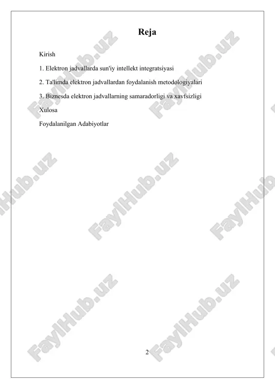 ni avtomatik hisoblash uchun foydalaniladigan matematik ifodalardir, makrolar esa takrorlanuvchi vazifalarni avtomatlashtirish uchun yozilgan buyruqlardan iborat. grafikalar esa ma’lumotlarni vizual ko‘rinishda taqdim etishga yordam beradi. ushbu tushunchalar birgalikda elektron jadvallarni yanada samarali va foydali qilishda muhim rol o‘ynaydi. hozirgi kunda elektron jadvallar texnologiyasi rivojlanishda davom etmoqda. yangi dasturlar va funksiyalar, masalan, sun’iy intellekt va mashinani o‘rganish texnologiyalari bilan integratsiya qilinmoqda. misol uchun, google sheets’da sun’iy intellekt yordamida ma’lumotlarni tahlil qilish va natijalarni avtomatik ravishda taklif qilish imkoniyatlari paydo bo‘lmoqda. i. elektron jadvallarda sun'iy intellekt integratsiyasi elektron jadvallarda sun'iy intellekt integratsiyasi zamonaviy ma'lumotlarni boshqarish va tahlil qilish jarayonlarini tubdan o'zgartirmoqda. sun'iy intellekt (si) texnologiyalari yordamida elektron jadvallarni yanada samarali va intuitiv qilib ishlatish mumkin. bu integratsiya, bir tomondan, ma'lumotlarni avtomatik tahlil qilish va qaror qabul qilish jarayonlarini tezlashtirishda, ikkinchi tomondan esa foydalanuvchilarga yanada qulay interfeyslar taqdim etishda muhim ahamiyatga ega. sun'iy intellektning elektron jadvallarga integratsiyasi bir necha asosiy yo'nalishlarda amalga oshiriladi. …