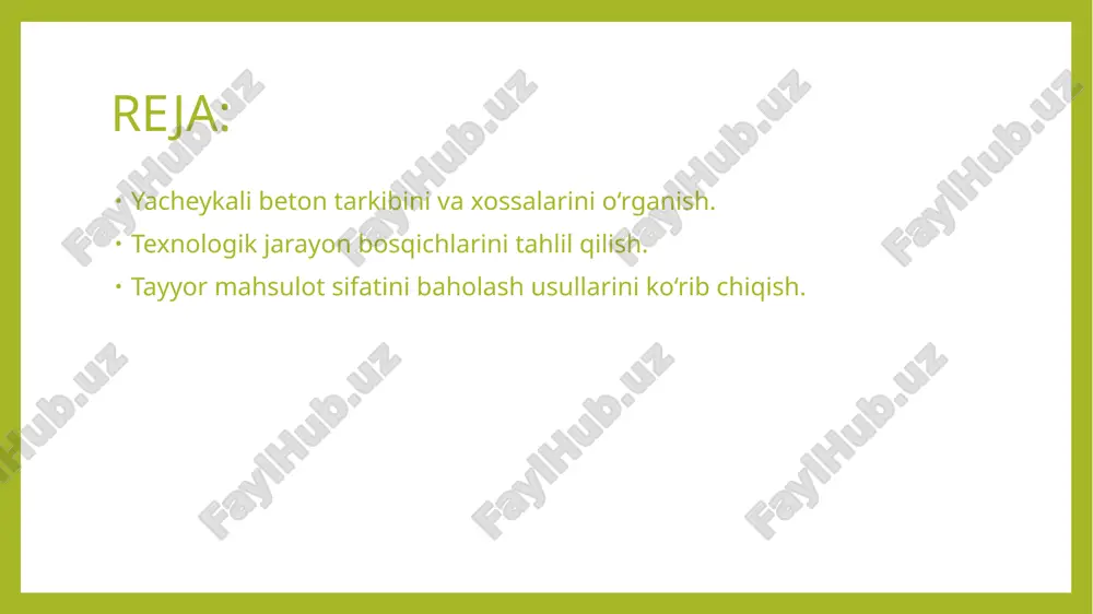 iladi. suvning sifati ham muhim, chunki iflos suv aralashmaning bir hil bo‘lishiga xalaqit beradi. ushbu bosqichda noto‘g‘ri material tanlansa, yakuniy mahsulotning chidamliligi pasayadi. aralashmani tayyorlash: tanlangan materiallar maxsus nisbatda aralashtiriladi. avval sement va qum quruq holda bir hil holatga keltiriladi, so‘ng suv qo‘shiladi. keyin ko‘pik hosil qiluvchi modda maxsus uskunada ko‘pik shaklida tayyorlanib, aralashmaga qo‘shiladi. bu bosqichda aralashtirishning bir xilligi va ko‘pikning sifati diqqat bilan nazorat qilinadi, chunki notekis ko‘pik betonning tuzilishini buzishi mumkin. qoliplash va quyish: tayyor aralashma qoliplarga quyiladi. qoliplar oldindan tozalanadi va maxsus moy bilan ishlov beriladi, bu betonning qolipdan oson ajralishini ta’minlaydi. quyish jarayonida aralashmaning bir tekis taqsimlanishi uchun tebranish usullari qo‘llanilishi mumkin. agar bu bosqichda qoliplar noto‘g‘ri tayyorlansa yoki aralashma bir tekis quyilmasa, beton bloklarning shakli va mustahkamligi buziladi. qotish jarayoni: quyilgan aralashma qotish uchun maxsus sharoitga joylashtiriladi. namlik va harorat qat’iy nazorat qilinadi, chunki bu omillar betonning mustahkamligiga ta’sir qiladi. odatda, qotish jarayoni tabiiy …