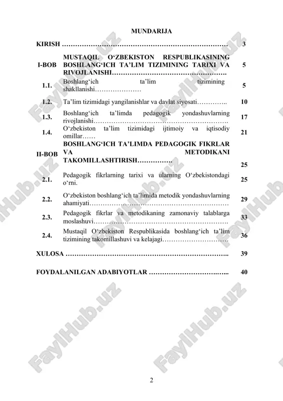 bekiston respublikasida boshlang‘ich ta’lim tizimi va pedagogik fikrlarning taraqqiyoti, uning xususiyatlari, yutuqlari va muammolarini o‘rganish, shu bilan birga, bu tizimning hozirgi holatini tahlil qilib, rivojlanish istiqbollari va kelajakdagi imkoniyatlarini aniqlash. kurs ishining vazifalari: 1. mustaqil o‘zbekistonning ta’lim tizimida boshlang‘ich ta’limning o‘rni va ahamiyatini o‘rganish. 2. pedagogik fikrlarning taraqqiyotini o‘rganish va mustaqillik davrida qanday yangiliklar kiritilganligini tahlil qilish. 3. boshlang‘ich ta’lim tizimida pedagogik usullar va metodlarning yangilanishi. 4. o‘zbekiston ta’lim tizimida boshlang‘ich ta’lim sohasining zamonaviy talablar bilan moslashuvini baholash. 5. ta’limda davlat siyosatining boshlang‘ich ta’lim tizimiga ta’siri. kurs ishini obyekti: mustaqil o‘zbekiston respublikasida boshlang‘ich ta’lim tizimi va pedagogik fikrlar. bu tizim va fikrlarning rivojlanishi, pedagogik yondoshuvlar, ta’lim jarayonining yangilanishi va davlatning ta’lim sohasidagi islohotlari. kurs ishining predmeti: boshlang‘ich ta’lim tizimida qo‘llaniladigan pedagogik metodlar, innovatsiyalar, ta’lim dasturlari, metodik yondoshuvlar va bu sohadagi ilmiy izlanishlar. kurs ishining metadologik asosi: kurs ishida pedagogik tadqiqotlar, ilmiy nazariyalar va amaliy yondoshuvlar, shuningdek, ijtimoiy-iqtisodiy sharoitlar, davlat siyosati …
