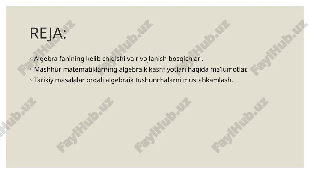lar yordamida ifodalash imkonini berdi. descartesning kashfiyotlari algebra va geometriyani integratsiya qilishning boshlang‘ich nuqtasini tashkil etdi. carl friedrich gauss algebraik va sonli analiz sohalaridagi ilg‘or ishlari bilan mashhurdir. uning "fundamental teoremasi" (har bir butun sonni algebralik ildizlarga ajratish mumkinligi) algebraik strukturadagi asosiy tushunchalardan biri hisoblanadi. gauss algebraik tenglamalar va ularning ildizlarini o‘rganishda katta yutuqlarga erishdi. évariste galois algebra sohasidagi inqilobiy kashfiyotlari bilan tanilgan. u "galois nazariyasi"ni yaratdi, bu polinomlarning ildizlari va simmetriyasini o‘rganish metodidir. galoisning kashfiyotlari algebraik tenglamalar va guruhlar nazariyasini birlashtirgan va polinomlar tenglamalarining yechilishini tahlil qilishda yangi yondashuvlarni keltirib chiqardi. niels henrik abel abel, algebraik tenglamalar nazariyasida chuqur iz qoldirgan boshqa bir muhim matematikdir. u, har qanday darajadagi algebraik tenglamalarni umuman yechish uchun biror bir umumiy formula mavjudligini rad etdi. bu fikr, galois nazariyasiga yo‘l ochgan va algebraik tenglamalarni yechishda yangi nazariy asoslarni yaratdi. tarixiy masalalar orqali algebraik tushunchalarni mustahkamlash. al-khwarizmiy algebra ilmiga katta hissa qo‘shgan muhim shaxsdir. …