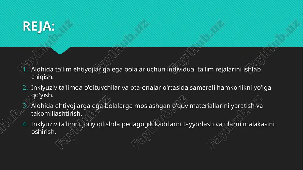 jasi bolaning holatiga moslashgan o'qituvchilar va yordamchi xodimlarning doimiy ravishda qo'llab-quvvatlashi zarur. alohida ta'lim ehtiyojlariga ega bolalar uchun individual ta'lim rejalarini ishlab chiqish, ta'lim jarayonini har bir bolaning o'ziga xos ehtiyojlariga moslashtirishni anglatadi. bu jarayonda o'qituvchilar va psixologlar bola bilan yaqin ishlashadi, uning intellektual va emosional holatini o'rganishadi. reja, bolaning o'quv yutuqlarini ta'minlash uchun shaxsiy maqsadlar belgilashga yordam beradi. bu reja har bir bolaning o'ziga xos qobiliyatlari, qiziqishlari va qiyinchiliklarini hisobga olgan holda, unga mos o'quv materiallari, metodlari va uslublarini taqdim etadi. individual ta'lim rejasi, bolaning qiyinchiliklarga duch kelmasdan o'z qobiliyatlarini to'liq namoyon etishiga yordam beradi. bunda, o'qituvchilar bolaning muvaffaqiyatlarini muntazam ravishda baholaydilar va rejani yangilab turadilar, bu orqali bola o'z rivojlanishida eng yuqori natijalarga erishadi. inklyuziv ta'limda o'qituvchilar va ota-onalar o'rtasida samarali hamkorlikni yo'lga qo'yish. alohida ta'lim ehtiyojlariga ega bolalar uchun individual ta'lim rejalarini ishlab chiqish, har bir bolaning o'ziga xos xususiyatlarini inobatga olib, ta'lim jarayonini moslashtirishni anglatadi. bu …