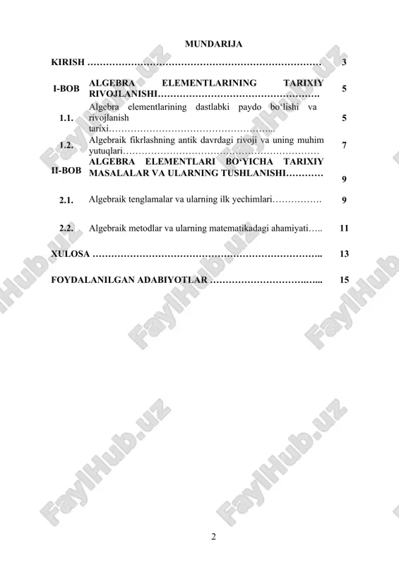 lantirishga xizmat qiladi. kurs ishining maqsad va vazifalari: "algebra elementlari" mavzusini chuqur o‘rganish, uning ilmiy va amaliy jihatlarini yoritish, o‘quvchilarda algebraik fikrlash va tahlil qilish ko‘nikmalarini shakllantirishga xizmat qilish. algebra elementlarining nazariy asoslarini o‘rganish va tushunish, algebraik ifodalar va tenglamalar yordamida masalalarni yechish yo‘llarini ishlab chiqish. o‘quvchilarga algebraik amallarni o‘zlashtirishda yordam berish, ular uchun masalalar tanlash va yaratish. amaliyotda algebraik usullarni qo‘llashning dolzarb jihatlarini ko‘rsatib berish va o‘quvchilarga matematik tahlil qilishda yordam berish. o‘quvchilarning bilim va ko‘nikmalarini rivojlantirishga xizmat qiladigan metodik tavsiyalar ishlab chiqish. kurs ishining obyekti: o‘rta ta’lim maktablarida va umumiy o‘rta maxsus o‘quv yurtlarida algebra elementlari bo‘yicha ta’lim berish jarayoni. ushbu mavzular asosida masalalarni tanlash, tuzish va yechish orqali o‘quvchilarning bilim va ko‘nikmalarini shakllantirish hamda rivojlantirish faoliyati. algebra elementlari nazariyasining amaliy masalalar bilan uyg‘unligi va uning o‘quvchilarning matematik fikrlash va analitik qobiliyatini rivojlantirishdagi o‘rni kurs ishining asosiy o‘rganish obyekti sifatida tanlangan. kurs ishining predmeti: algebra elementlari tushunchalarining mazmuni …