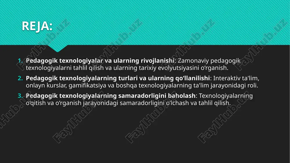 va o‘rganish jarayonini yanada samarali va interaktiv qilish uchun ishlab chiqilgan. pedagogik texnologiyalar rivojlanishi ta'lim tizimining o‘zgarishlariga, ilm-fan va texnologiyaning yangilanishiga bevosita ta'sir qilgan. dastlab, pedagogik texnologiyalar an'anaviy ta'lim vositalari – darsliklar, diagrammalar, maketlar va ta'lim apparatlarini o‘z ichiga olgan. ushbu texnologiyalar faqat ma'lumotlarni uzatish va taqdim etishning oddiy shakllari edi. keyinchalik, 20-asrning ikkinchi yarmida, kompyuter texnologiyalarining rivojlanishi bilan pedagogik texnologiyalar yangi bosqichga o‘tdi. kompyuterlar, multimedialar va interaktiv ta'lim materiallari o‘qitishda yangi imkoniyatlar yaratdi. o‘qituvchilar video va audio materiallar yordamida darslarni yanada boyitdi, shuningdek, o‘quvchilarning o‘zaro aloqalarini va tajribalarini mustahkamlash imkoniyatini yaratdi. pedagogik texnologiyalarning turlari va ularning qo‘llanilishi: interaktiv ta'lim, onlayn kurslar, gamifikatsiya va boshqa texnologiyalarning ta'lim jarayonidagi roli. pedagogik texnologiyalar ta'lim jarayonining samaradorligini oshirish va o‘quvchilarning faol ishtirokini ta'minlash uchun turli xil yondoshuvlarni o‘z ichiga oladi. zamonaviy pedagogik texnologiyalar orasida interaktiv ta'lim, onlayn kurslar, gamifikatsiya kabi texnologiyalar eng ommabop va samarali hisoblanadi. har birining ta'lim jarayonidagi roli va qo‘llanilishi …