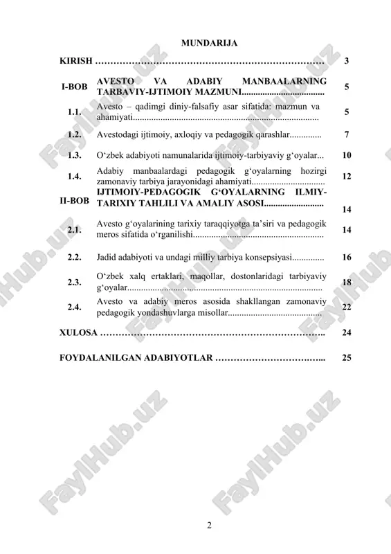 manbalar o‘zining ilmiy-nazariy va amaliy ahamiyatini saqlab qolmoqda. shu sababli avesto va boshqa adabiy manbaalardagi ijtimoiy-pedagogik g‘oyalarni o‘rganish – bugungi pedagogik faoliyatni boyitish, milliy o‘zlikni anglash va tarbiyaviy jarayonni takomillashtirish nuqtayi nazaridan dolzarb masala hisoblanadi. kurs ishining maqsadi: kurs ishining asosiy maqsadi – avesto va boshqa adabiy manbaalarda ifodalangan ijtimoiy-pedagogik g‘oyalarni o‘rganish, ularning mazmun-mohiyatini tahlil qilish va zamonaviy ta’lim-tarbiya jarayonida qo‘llash imkoniyatlarini aniqlashdan iborat. kurs ishining vazifalari: 1. avestodagi ijtimoiy-pedagogik qarashlarni tahlil qilish; 2. mumtoz adabiyot va xalq og‘zaki ijodidagi tarbiyaviy g‘oyalarni o‘rganish; 3. ijtimoiy adolat, mehnatsevarlik, ezgulik kabi tushunchalarning tarbiyadagi rolini aniqlash; 4. qadimiy manbalar asosida shakllangan pedagogik an’analarni bayon qilish; 5. avesto va adabiy manbalarni zamonaviy pedagogik qarashlar bilan qiyosiy tahlil qilish; 6. milliy qadriyatlar asosida ta’lim-tarbiya metodlarini ishlab chiqish; 7. amaliy tavsiyalar ishlab chiqish va pedagogik faoliyatga tadbiq etish yo‘llarini ko‘rsatish; 8. olingan tahliliy ma’lumotlarni jadval, sxema va grafiklar orqali ifodalash. kurs ishining obyekti: avesto va xalq …