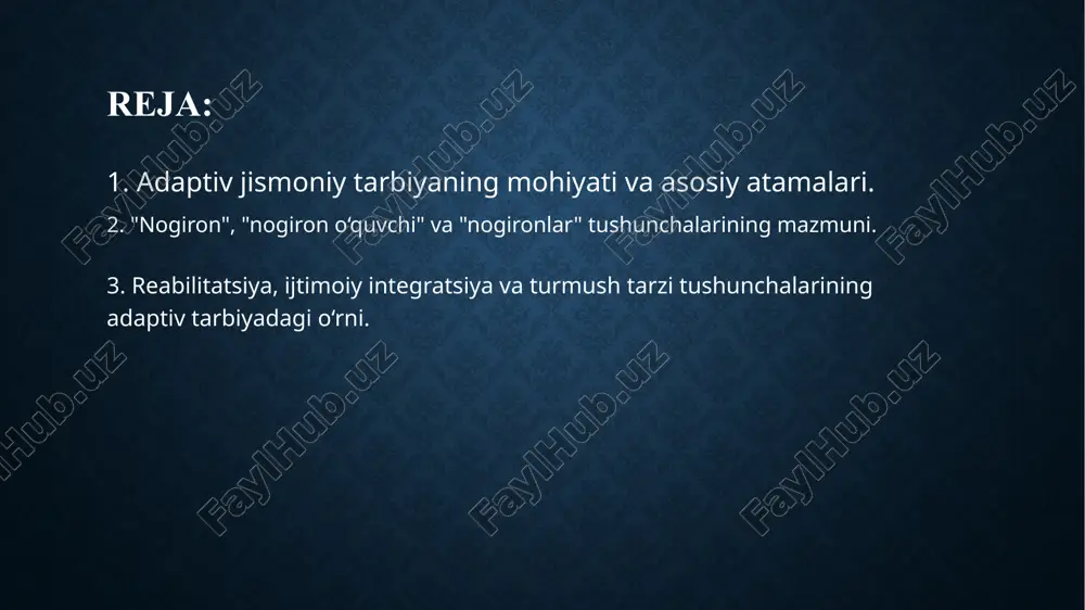 hi mumkin. "nogiron o‘quvchi" atamasi esa aynan maktabgacha, maktab yoki boshqa ta’lim muassasalarida tahsil olayotgan, jismoniy yoki aqliy cheklovlarga ega bo‘lgan bolalarni bildiradi. bunday o‘quvchilarga o‘zlashtirish imkoniyatlarini oshirish va rivojlanishini ta’minlash uchun maxsus o‘quv dasturlari, individual yondashuv va moslashtirilgan muhit talab etiladi. "nogironlar" tushunchasi nogironlik darajasi va shakllaridan qat’i nazar, barcha nogiron shaxslarni umumlashtiruvchi atamadir. bu atama orqali jamiyatda ular uchun yaratilishi lozim bo‘lgan teng imkoniyatlar, huquqlar va ijtimoiy qo‘llab-quvvatlash zarurligi ta’kidlanadi. nogironlar jamiyatning to‘laqonli a’zolari bo‘lib, ularning imkoniyatlarini to‘g‘ri baholash, qobiliyatlarini rivojlantirish va ularni ijtimoiy hayotga faol jalb etish muhim vazifalardan biridir. “nogiron” tushunchasining zamonaviy talqini faqat jismoniy holatni emas, balki ijtimoiy to‘siqlar mavjudligini ham hisobga oladi, ya’ni nogironlik ko‘pincha jamiyatda yetarli shart-sharoitlar yaratilmaganligi bilan bog‘liq bo‘ladi. nogiron o‘quvchilarning o‘qish jarayonida yuzaga keladigan to‘siqlarni kamaytirish maqsadida ularga moslashtirilgan sinf xonalari, maxsus uskunalar, qo‘shimcha o‘qituvchilar yoki reabilitatorlar yordamida qulay shart-sharoitlar yaratiladi. 3. reabilitatsiya, ijtimoiy integratsiya va turmush tarzi tushunchalarining adaptiv …