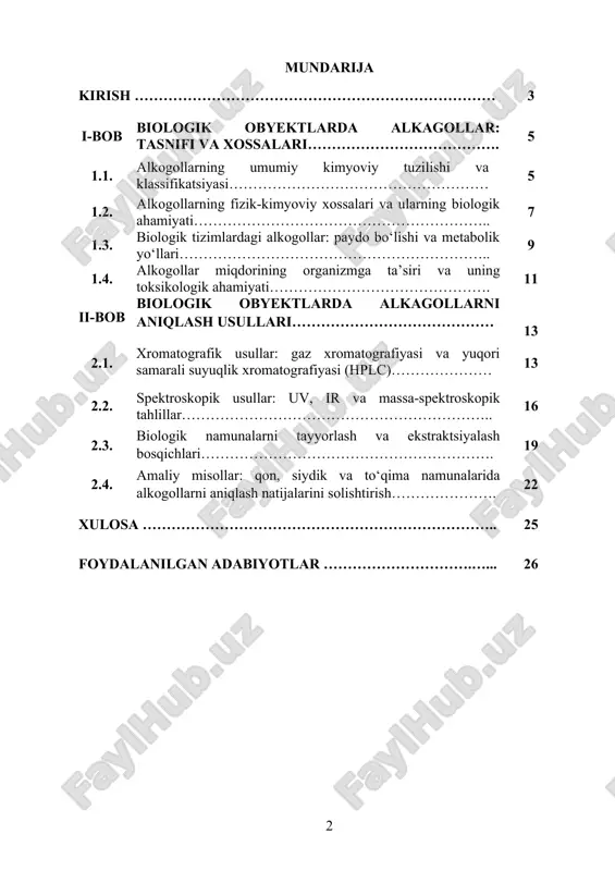 etadi. bugungi kunda gaz xromatografiyasi, spektral usullar, fermentativ analiz va elektrokimyoviy tahlillar kabi metodlar biologik obyektlarda alkogollarni aniqlashda keng qo‘llanilmoqda. mazkur masalaning tibbiy, huquqiy va ekologik nuqtayi nazardan ahamiyati uni chuqur o‘rganishni taqozo etadi. kurs ishining maqsadi: kurs ishining asosiy maqsadi — biologik obyektlarda uchraydigan alkogollarni aniqlash usullarini o‘rganish, ularning taqqoslanishi, aniqlik va sezuvchanlik darajasini baholash, shuningdek zamonaviy analitik metodlarning afzalliklarini tahlil qilishdan iborat. kurs ishining vazifalari: 1. biologik obyektlarda uchraydigan asosiy alkogollarni tavsiflash (etanol, metanol va boshqalar); 2. alkogollarni aniqlashda qo‘llaniladigan klassik va zamonaviy analitik usullarni o‘rganish; 3. gaz xromatografiyasi va gaz-kromatograf mass-spektrometriya asoslarini tahlil qilish; 4. spektral usullar (ir, uv, nmr) yordamida aniqlash imkoniyatlarini bayon qilish; 5. fermentativ va enzimatik tahlil usullarini o‘rganish; 6. biologik namunalarni tayyorlash, ekstraksiya va tozalash bosqichlarini ishlab chiqish; 7. tahlil natijalarini grafik va jadval ko‘rinishida ifodalash; 8. olingan natijalar asosida tibbiy, ekologik va toksikologik xulosalar chiqarish. kurs ishining obyekti: qon, siydik, so‘lak va …
