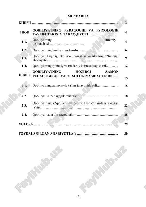 ifi ta'lim tizimida muhim ahamiyat kasb etadi va uni o‘rganish bugungi kunda dolzarb hisoblanadi. kurs ishining maqsadi: ushbu kurs ishining asosiy maqsadi qobiliyatning pedagogik va psixologik tasnifini ilmiy-nazariy jihatdan o‘rganish va uning ta'lim jarayonidagi ahamiyatini tahlil qilishdan iborat. qobiliyatning rivojlanish bosqichlari, pedagogik va psixologik nuqtai nazardan turlari, uni shakllantirish va rivojlantirish usullari ko‘rib chiqiladi. shuningdek, qobiliyatning o‘qitish jarayonida samaradorlikka ta'siri, pedagogik mahorat bilan bog‘liqligi va o‘quvchilar bilan o‘qituvchi o‘rtasidagi ta'limiy hamkorlikka qanday ta'sir qilishi tahlil etiladi. ushbu ishda qobiliyatning zamonaviy pedagogik texnologiyalar bilan integratsiyasi va innovatsion metodlarni qo‘llash orqali ta'lim sifatini oshirish imkoniyatlari ham o‘rganiladi. qobiliyatning pedagogik va psixologik tasnifi bo‘yicha mavjud ilmiy qarashlar tahlil qilinib, ta'lim tizimida uning ahamiyati va samaradorligi baholanadi. i bob. qobiliyatning pedagogik va psixologik tasnifi tarixiy taraqqiyoti. 1.1. qobiliyatning umumiy tushunchasi. qobiliyat insonning tug‘ma yoki orttirilgan holda egallagan imkoniyatlari va shaxsiy jihatlarining birikmasidir. u insonning muayyan faoliyatda muvaffaqiyatga erishish darajasini belgilaydi. bu tushuncha ko‘p qirrali …