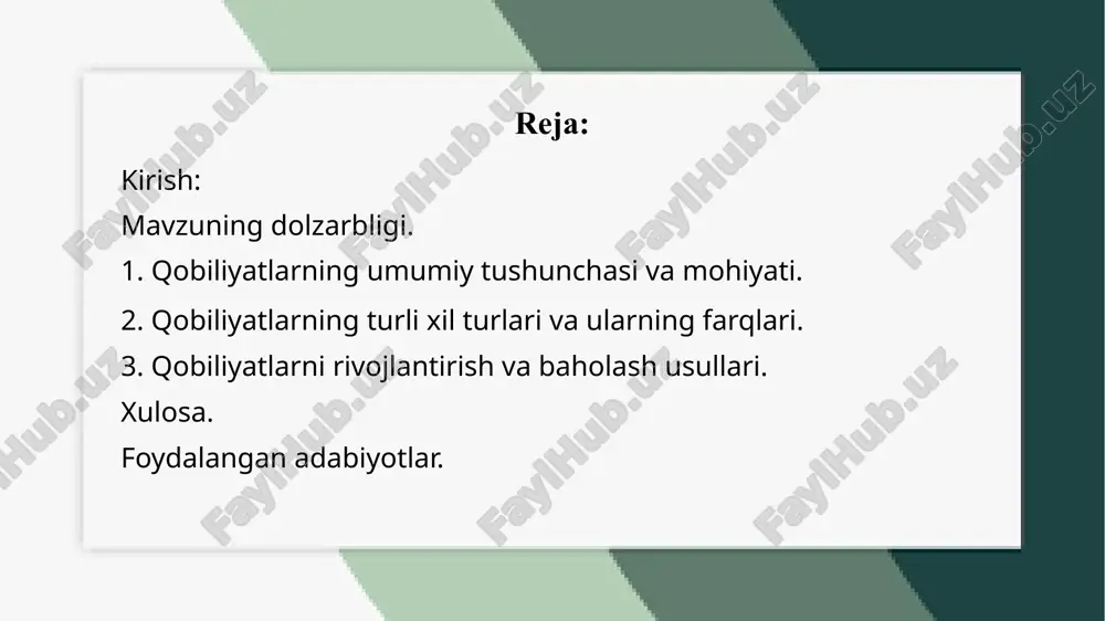 umumiy tushunchasi va mohiyati. qobiliyatlar – bu insonning ma'lum bir faoliyatni muvaffaqiyatli bajarishga bo'lgan tabiiy yoki o'rgangan imkoniyatlari, mahoratlari va ko'nikmalaridir. ular insonning intelektual, jismoniy, emosional va ijtimoiy salohiyatlarining birlashmasi bo'lib, individning turli sohalarda muvaffaqiyatga erishishida asosiy omil hisoblanadi. qobiliyatlar tabiatidan kelib chiqadigan xususiyatlar va jamiyatda o'zini qanday ko'rsatayotgani bilan o'zaro bog'liqdir. qobiliyatlarning mohiyati shundan iboratki, ular nafaqat tug'ma bo'lishi mumkin, balki turli treninglar, tajribalar va ta'lim orqali rivojlantirilishi ham mumkin. har bir insonda o'ziga xos qobiliyatlar mavjud bo'lib, ular bir-biridan farqlanadi. masalan, ba'zi insonlar musiqa va san'at sohalarida yuqori qobiliyatga ega bo'lsa, boshqalari ilm-fan yoki sportda muvaffaqiyatga erishadi. shu bilan birga, qobiliyatlar individual xarakterga ega bo'lib, ular o'z vaqtida to'g'ri shakllanib, rivojlanishi uchun mos sharoitlar va imkoniyatlar kerak. qobiliyatlar ikki turga bo'linadi: tabiiy (yoki tug'ma) va rivojlanish orqali o'zlashtirilgan. tabiiy qobiliyatlar tug'ilishdan boshlab mavjud bo'lib, odamning biologik va genetik xususiyatlariga asoslanadi. rivojlanish orqali o'zlashtirilgan qobiliyatlar esa ta'lim, treninglar va …
