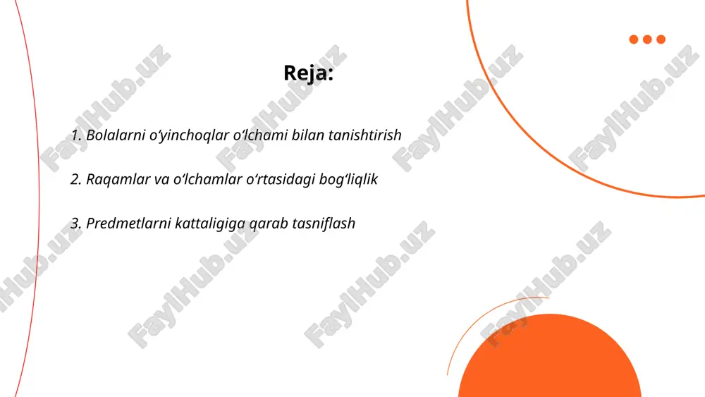 mlar orqali nazorat qilinadi – harorat (celsius yoki fahrenheit), vaqt (sekund, minut), va boshqa koʻplab boʻyicha. ... t.me/slaydai_bot predmetlarni kattaligiga qarab tasniflashda buyumlar hajmiga, vazniga yoki uzunligiga qarab guruhlanadi. masalan, hajmi katta bo'lgan buyumlar tarkibiga transport vositalari, mebellar va texnik uskunalar kiradi, ularning hajmi odatda bir necha kub metr bilan ifodalanadi. o'rtacha hajmli buyumlar ichida maishiy texnika (masalan, televizorlar va muzlatgichlar) mavjud bo'lib, hajmi bir necha o'nlab litrlarni tashkil qiladi. kichik hajmli predmetlar qatoriga esa idishlar, qo'l mehnat asboblari va shaxsiy aksessuarlar kiradi, ularning hajmi bir necha o'n santimetr kubni tashkil etishi mumkin. vazn bo'yicha tasniflashda yengil, o'rta va og'ir buyumlar sifatida ajratiladi. yengil buyumlar bir necha grammdan kilogrammgacha, og'ir buyumlar esa bir necha tonnaga qadar bo'lishi mumkin. shu yo'sinda predmetlar sezilarli ravishda tasniflanadi. ... t.me/slaydai_bot 4. geometrik shakllar va ularning oʻlchami geometrik shakllar matematikaning asosiy tushunchalaridan biri bo'lib, turli xil turlarga ega: uchburchak, to'rtburchak, aylana va boshqalar. uchburchakning ichki …
