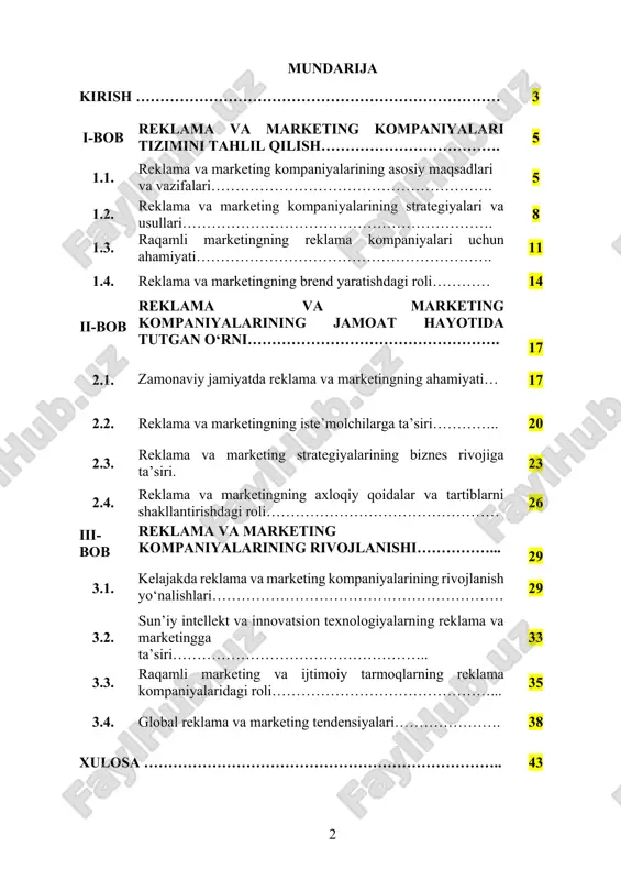 larga aniq auditoriyaga yo‘naltirilgan strategiyalarni ishlab chiqish imkonini berdi. bugungi jamiyatda marketing va reklama tizimining dolzarbligi shundaki, u mijozlar bilan samarali aloqa o‘rnatish, brendni shakllantirish va bozor talablariga moslashishda muhim ahamiyat kasb etadi. marketing kompaniyalari mijozlar xohish-istaklarini o‘rganib, innovatsion yondashuvlar orqali ularning talabini qondirishga harakat qiladi. kurs ishining maqsadi: reklama va marketing kompaniyalari tizimini o‘rganish, ularning zamonaviy biznesdagi o‘rni va samaradorligini tahlil qilish, shuningdek, marketing strategiyalarining rivojlanish yo‘nalishlarini o‘rganish. ushbu maqsadga erishish uchun marketingning asosiy yo‘nalishlarini tahlil qilib, kompaniyalarning reklama strategiyalarini shakllantirish usullarini o‘rganish kerak. kurs ishining vazifalari: reklama va marketing kompaniyalarining faoliyatini tahlil qilish va ularning zamonaviy biznesdagi o‘rnini aniqlash. marketing strategiyalarining mijozlarni jalb qilish va mahsulot sotuvini oshirishdagi rolini o‘rganish. raqamli marketing va an’anaviy marketing usullari o‘rtasidagi farqlar va ularning samaradorligini taqqoslash. reklama kompaniyalari tomonidan ishlatiladigan innovatsion yondashuvlar va texnologiyalarni tahlil qilish. marketing kampaniyalarining iste’molchilarga ta’siri va mijozlarning xatti-harakatlariga bo‘lgan ta’sirini o‘rganish. kurs ishining obyekti: reklama va marketing …