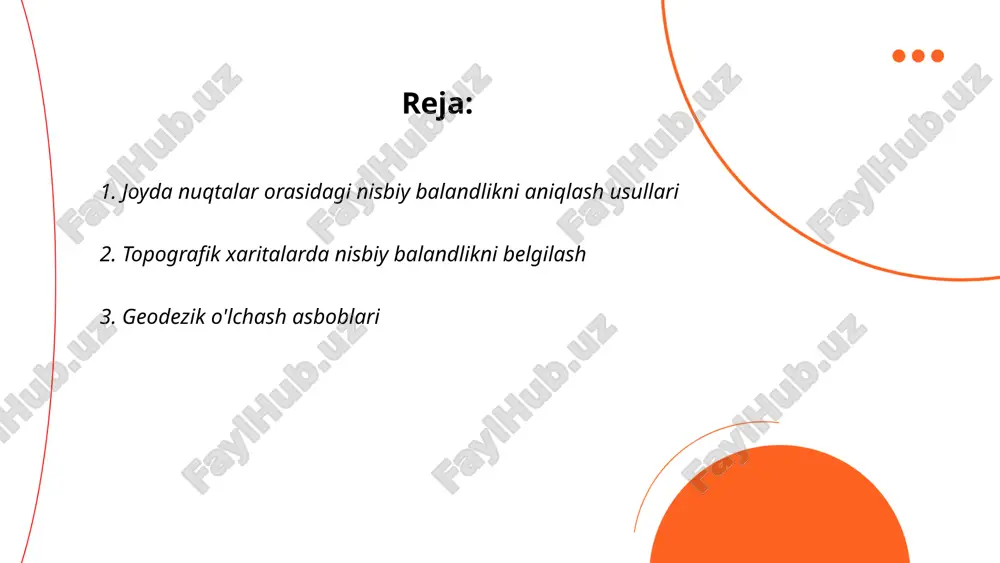 _bot geodezik o'lchash asboblari yer yuzasini o'lchash va xaritaga tushirishda foydalaniladigan qurilmalardir. asosiy geodezik asboblar qatoriga teodolit, nivo (nivelling instrument), taxograf va gps qurilmalari kiradi. teodolit burchaklarni aniqlash uchun ishlatiladi va taxminan 1 va 6 qismli sekundgacha aniqlik darajasiga ega. nivo tekislikni aniqlash yoki balandlik farqlarini o'lchashda qo'llanadi, aniqlik darajasi odatda millimetr bilan o'lchanadi. zamonaviy gps texnologiyalari ikki yoki undan ko'proq qabul qilish stansiyalari yordamida sub-santimetr darajasida o'lchovlarni amalga oshiradi. geodezik asboblar har xil vazifalar uchun qo'llanilib, qurilish, muhandislik va kartografiyada keng qo'llaniladi. ... t.me/slaydai_bot 4. nisbiy balandlikni hisoblash formulalari nisbiy balandlikni hisoblash geografiyada muhim ahamiyatga ega. bu ko'rsatkich bir nuqtaning atrofidagi boshqa nuqtalar bilan solishtirganda qanchalik baland yoki past ekanligini aniqlash uchun ishlatiladi. nisbiy balandlikni hisoblashning asosiy formulasi: \(h = h_{2} - h_{1}\), bu yerda \(h\) - nisbiy balandlik, \(h_{2}\) - balandroqda joylashgan nuqta balandligi, \(h_{1}\) - pastroqda joylashgan nuqta balandligi. misol uchun, agar bir tepalikning cho'qqisi dengiz sathidan …