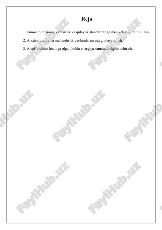olindi. xx asrda, ayniqsa, yuqori texnologiyalar va yangi qurilish materiallarining rivojlanishi bilan ko‘p qavatli jamoat binolarini loyhalashda zamonaviy yondashuvlar shakllandi. arxitektura, muhandislik va iqtisodiy tahlillarni hisobga olgan holda, ekologik toza, xavfsiz va qulay binolarni yaratish uchun yangi standartlar ishlab chiqildi. bugungi kunda ko‘p qavatli jamoat binolarini loyhalashda innovatsion texnologiyalar, atrof-muhitni muhofaza qilish va iqtisodiy samaradorlikni oshirish maqsadida ilg‘or qurilish texnikalari qo‘llaniladi. shuningdek, binolarning energiya samaradorligini oshirish, barqarorlikni ta’minlash va aholining ijtimoiy ehtiyojlarini qondirishga katta e’tibor berilmoqda. i jamoat binosining xavfsizlik va qulaylik standartlariga mos kelishini ta’minlash. jamoat binosining xavfsizlik va qulaylik standartlariga mos kelishini ta'minlash uchun bir qancha talablar mavjud. birinchidan, binoda yong'inga qarshi tizimlar o‘rnatilishi lozim. bu tizimlar orasida yong'in signalizatsiyasi, yong'inga qarshi materiallar va yong'in chiqish yo'llari mavjud bo‘lishi kerak. elektr jihozlari va tizimlari yong'inga chidamli bo‘lishi va muntazam ravishda tekshirilishi zarur. yong'in chiqish yo‘llari evakuatsiya uchun qulay bo‘lishi, ular to‘siqsiz va keng bo‘lishi kerak. binoda evakuatsiya yo‘llarining …