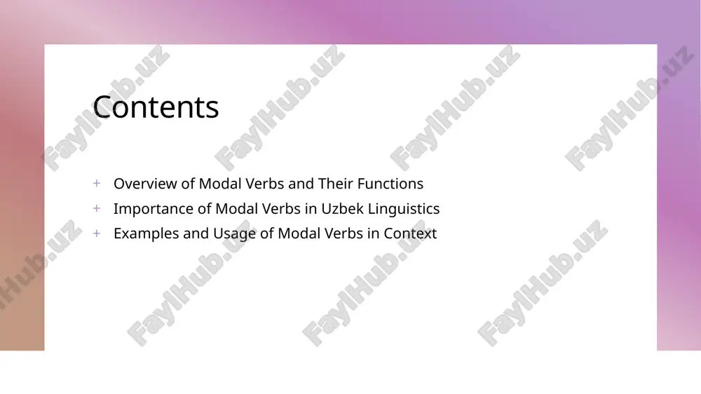 ; for example, romance languages often distinguish between obligation and permission, highlighting cultural communication differences. the role of modal verbs in conveying nuances in uzbek grammar. modal verb functions nuances of meaning contextual usage in uzbek grammar, modal verbs indicate various functions, such as expressing obligation or permission, thus shaping the meaning and intent of sentences. the use of modal verbs in uzbek allows speakers to convey subtle differences in meaning, reflecting attitudes towards necessity, desire, and possibility in communication. context plays a crucial role in the application of modal verbs in uzbek, influencing interpretation based on the speaker's intent and the surrounding discourse. exploring the impact of modal verbs on uzbek language structure. 1 modal verbs defined modal verbs in uzbek, such as "qila olmoq" (can) and "kerak" (must), modify verbs to indicate ability, necessity, and permission, shaping sentence meaning. 2 sentence structure impact in uzbek, modal verbs influence …