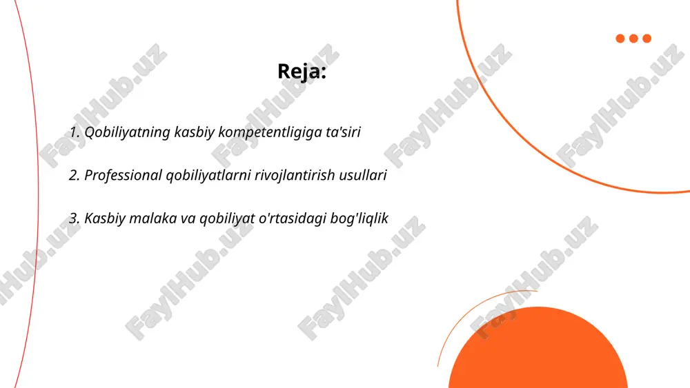 uni ko'rsatadiki, kundalik 20-30 daqiqa o'qish miyani rivojlantiradi va tanqidiy fikrlash darajasini oshiradi. texnologiyani bilish ham muhim, bugungi kunda it ko'nikmalarini ega bo'lganlar ishga joylashishda 30-40% ko'proq imkoniyatga ega. ... t.me/slaydai_bot kasbiy malaka va qobiliyat o'rtasidagi bog'liqlik murakkab va ko'p qirrali. tadqiqotlar shuni ko'rsatadiki, yuqori kasbiy malakaga ega bo'lgan shaxslar o'z sohalarida o'rtacha 30% ko'proq samaradorlik ko'rsatadilar. bu malaka va qobiliyatning bir-birini kuchaytiradigan ta'siridan dalolat beradi. masalan, texnik sohalarda kasbiy malaka yetishmovchiligini bartaraf etish qobiliyati darajasini 25% oshiradi. iqtisodchilar malaka va qobiliyat rivojlanishi o'rtasidagi muvofiqlik darajasini o'rganib, kompaniyalar uchun 20% ga kamroq ishchi aylanishini aniqlashgan. shuningdek, jamoalarda qobiliyatli va malakali xodimlarning hamkorligi umumiy ishlab chiqarish samaradorligini 15% ga oshirishi mumkin. malaka va qobiliyat uyg'unligi shaxsiy muvaffaqiyat uchun ham muhim bo'lib, shaxsiy ko'nikmalarning 40% muvaffaqiyatga ta'sirini aniqlaydi. ... t.me/slaydai_bot 4. qobiliyatlarni aniqlash va kasbiy rivojlantirish qobiliyatlarni aniqlash va kasbiy rivojlantirish muhim jarayon bo'lib, shaxsning kasbiy yo'nalishini belgilashda asosiy rol o'ynaydi. jahon …