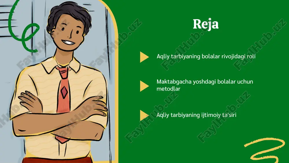 adi. aqliy tarbiyaning uzoq muddatli foydalari bolalarning kelajakdagi muvaffaqiyati, o'ziga bo'lgan ishonchi va moslashuvchanligini ta'minlaydi. bu, shuningdek, ularning ijtimoiy hayotda muvaffaqiyatli bo'lishlariga yordam beradi. maktabgacha yoshdagi aqliy tarbiya usullari ta'lim va o'yinlar orqali rivojlanish ta'lim va o'yinlar bolalarning aqliy rivojlanishida muhim ahamiyatga ega. o'yinlar bolalarga o'rganish jarayonida qiziqarli muhit yaratadi va shuningdek, ijodkorlik va mantiqiy fikrlashni rivojlantiradi. bolalarning qiziqishlarini rag'batlantirish bolalarning qiziqishlarini rag'batlantirish ularning aqliy rivojlanishiga yordam beradi. qiziqarli faoliyatlar va yangi narsalarga qiziqish bolalarning o'z-o'zini anglashini oshiradi. aqliy mashqlar va muammolarni hal qilish aqliy mashqlar mantiqiy fikrlashni rivojlantiradi. bolalar muammolarni hal qilish orqali o'zlarini sinab ko'radilar va ijodkorliklarini oshiradilar, bu esa ularda muammolarni hal qilish ko'nikmalarini shakllantiradi. bolalar uchun innovatsion ta'lim yondashuvlari innovatsion ta'lim yondashuvlari bolalarning aqliy rivojlanishi uchun juda muhimdir. ushbu yondashuvlar, an'anaviy usullardan farqli o'laroq, bolalarning ijodiy fikrlashini va muammolarni hal qilish ko'nikmalarini rivojlantiradi. interaktiv o'yinlar va dasturlar, bolalarga o'qish jarayonida qiziqarli va samarali tajribalar taqdim etadi. …