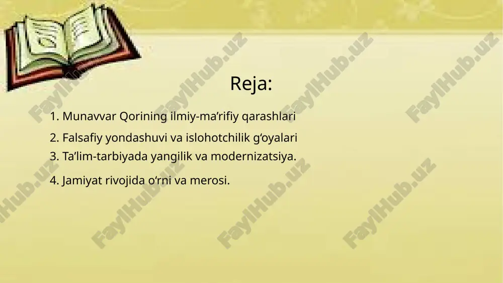 hib berib, yangi usul maktablarini tashkil etishga kirishgan. bu maktablarda turkiy tillarni o‘qitish, matematika, tabiiy fanlar va jahon tarixi bo‘yicha yangi uslubda dars berish amaliyotini joriy qilgan. uning sa’y-harakatlari natijasida o‘sha davrda ko‘plab yoshlar zamonaviy ta’lim olish imkoniyatiga ega bo‘lib, ilmiy taraqqiyotga hissa qo‘sha oladigan shaxslar sifatida yetishib chiqqan. 2. falsafiy yondashuvi va islohotchilik g‘oyalari falsafiy yondashuvlar va islohotchilik g‘oyalari o‘zaro bog‘liq va tarixiy jarayonlarda o‘zgarib borgan. falsafa ko‘pincha insonning hayoti, erkinligi, jamiyatdagi o‘rni va maqsadlari haqida chuqur mulohazalar olib boradi. bu yondashuvlar, asosan, insonning ongini, axloqiy qadriyatlarini va adolat tushunchalarini tushunishga intiladi. islohotchilik g‘oyalari esa jamiyatdagi mavjud muammolarni hal qilish, yangilanish va o‘zgarishlarni amalga oshirish maqsadida ilgari suriladi. bu g‘oyalar ko‘pincha davlat boshqaruvi, iqtisodiyot, ta’lim va boshqa sohalarda islohotlar o‘tkazish zaruratini ta’kidlaydi. falsafiy yondashuvlar va islohotchilik g‘oyalari jamiyatni anglash va uni o‘zgartirishda markaziy o‘rin tutadi. falsafiy yondashuvlar, insoniyatning tabiatiga, erkinlikka, axloqqa, adolatga va har bir insonning jamiyatdagi o‘rniga oid …