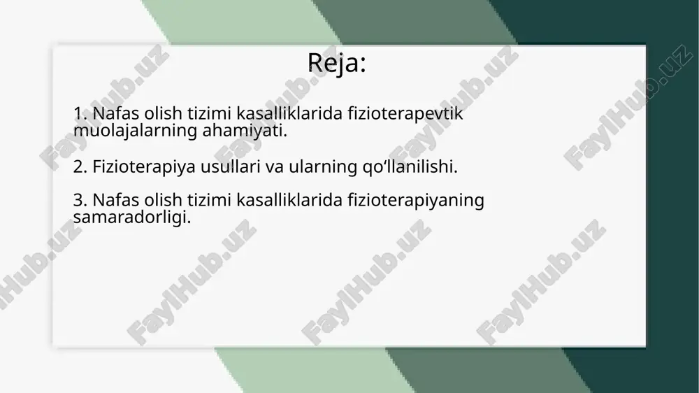 ‘am chiqishini yaxshilaydi, kechqurungi esa nafas yo‘llarini tinchlantiradi. elektroforez dorilarni elektr toki orqali to‘g‘ridan-to‘g‘ri teri yoki shilliq qavat orqali yetkazish usuli bo‘lib, u yallig‘lanishni kamaytiradi va qon aylanishini yaxshilaydi. qo‘llanilishi: surunkali bronxit, astma, pnevmoniya, traxeit. tavsiya etilgan vaqt: kunning birinchi yarmida (09:00-11:00), chunki bu paytda organizm fizioterapiya ta’siriga yaxshi javob beradi. ultratovush yordamida yallig‘lanishga qarshi va qon aylanishini yaxshilovchi dorilar teri orqali yetkaziladi. bu nafas yo‘llarining shishishini kamaytirib, bemorning holatini yaxshilaydi. qo‘llanilishi: o‘pka emfizemasi, bronxit, astma, pnevmoniya. tavsiya etilgan vaqt: kun davomida (10:00-12:00 yoki 14:00-16:00). past chastotali magnit maydoni ta’sirida qon aylanishi yaxshilanadi, yallig‘lanish kamayadi va nafas olish jarayoni yengillashadi. qo‘llanilishi: surunkali bronxit, astma, o‘pka fibrozi. tavsiya etilgan vaqt: ertalab yoki tushdan keyin (10:00-12:00 yoki 15:00-17:00). 3. nafas olish tizimi kasalliklarida fizioterapiyaning samaradorligi. nafas olish tizimi kasalliklarida fizioterapiya samaradorligi yuqori bo‘lib, u bemorning umumiy holatini yaxshilash, simptomlarni yengillashtirish va tiklanish jarayonini tezlashtirishda muhim rol o‘ynaydi. fizioterapevtik muolajalar nafas yo‘llarining o‘tkazuvchanligini …