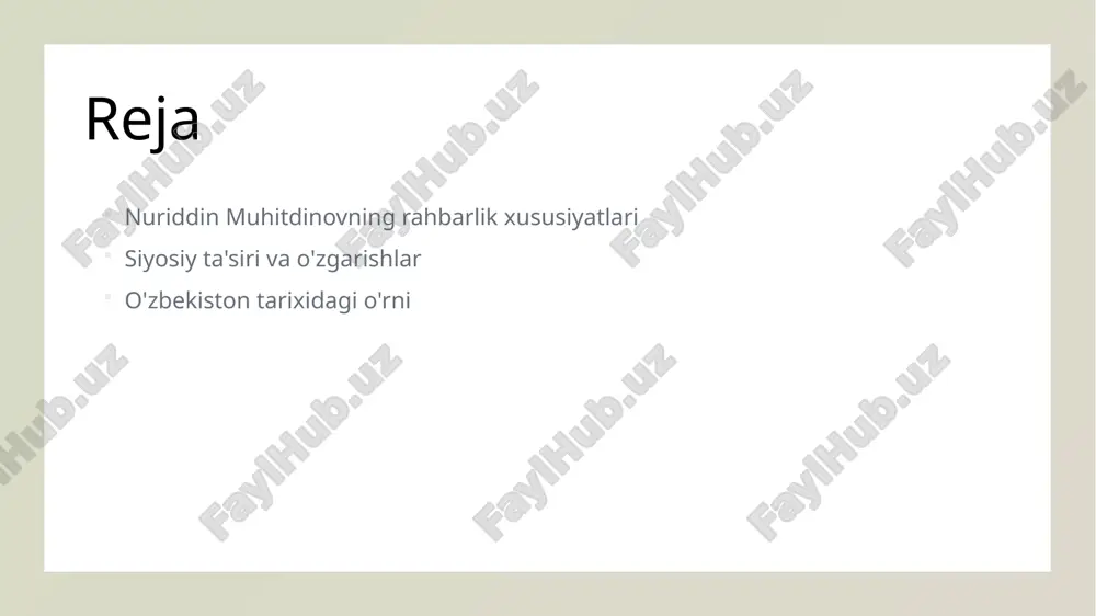 isodiy va ijtimoiy rivojlanishga sezilarli ta'sir ko'rsatgan. nuriddin muhitdinovning siyosiy ta'siri: o'zgarishlar va natijalar. siyosiy o'zgarishlar nuriddin muhitdinov o'zbekiston siyosatida muhim o'zgarishlarni amalga oshirdi, bu esa mintaqadagi barqarorlik va rivojlanishga olib keldi. ijtimoiy ta'sir muhitdinovning siyosiy faoliyati ijtimoiy qatlamlarga ta'sir ko'rsatdi, yangi imkoniyatlar yaratarak fuqarolar hayotini yaxshilashga intildi. natijalar va yutuqlar uning rahbarligi ostida qabul qilingan qarorlar o'zbekistonda iqtisodiy o'sish va xalqaro munosabatlarning mustahkamlashiga xizmat qildi. o'zbekiston tarixidagi muhitdinovning o'rni: siyosiy strategiyalar va yutuqlar. 1 siyosiy strategiyalar muhitdinov o'zbekiston siyosatida innovatsion strategiyalarni joriy etgan. u iqtisodiy o'sishni rag'batlantirish uchun yangi dasturlarni ishlab chiqdi. 2 yutuqlar va rivojlanish uzi rahbarlik qilgan davrda o'zbekistonda iqtisodiy barqarorlik va ijtimoiy rivojlanish ko'rsatkichlari sezilarli darajada oshdi, xalq farovonligi yuksaldi. 3 tarixiy ahamiyat muhitdinovning siyosiy faoliyati o'zbekiston tarixida muhim o'rin tutadi. u xalqaro maydonda mamlakatning obro'sini oshirishga xizmat qildi. rahbar sifatida nuriddin muhitdinovning siyosiy merosi va ta'siri. siyosiy meros nuriddin muhitdinovning siyosiy merosi, o'zbekistonning mustaqilligiga hissa …