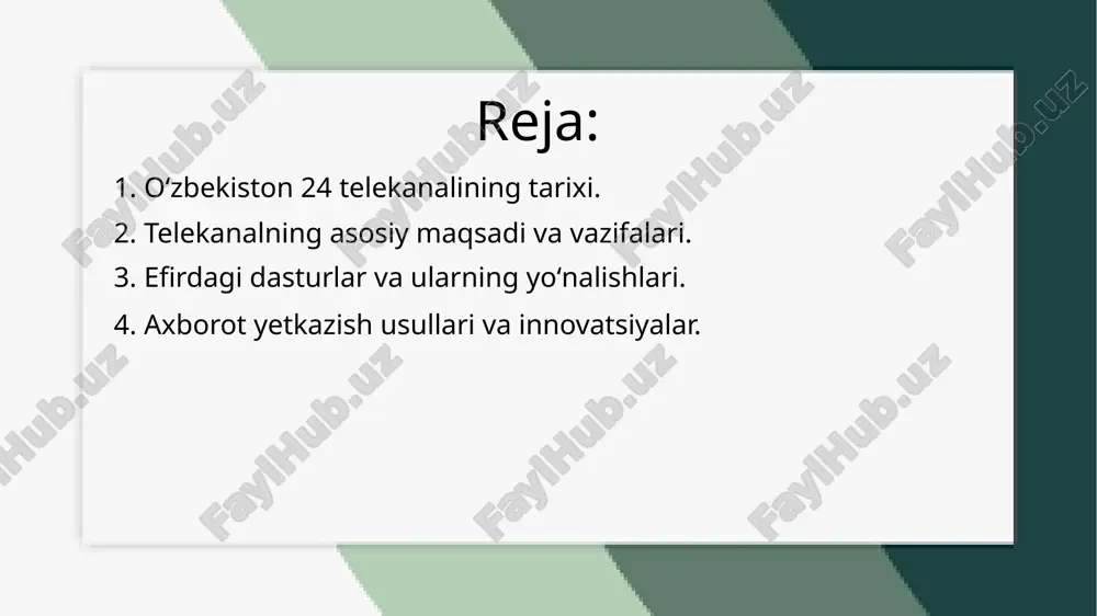 al dasturlari nafaqat televideniye orqali, balki internet va ijtimoiy tarmoqlar orqali ham keng auditoriyaga yetkaziladi. bugungi kunda oʻzbekiston 24 nafaqat mahalliy, balki xalqaro axborot maydonida ham o‘z o‘rniga ega bo‘lib, ishonchli yangilik manbalaridan biri hisoblanadi. 2. telekanalning asosiy maqsadi va vazifalari. oʻzbekiston 24 telekanalining asosiy maqsadi – jamiyatni ishonchli, tezkor va xolis axborot bilan ta’minlashdir. telekanal mamlakatdagi va dunyodagi muhim voqealarni yoritish, tahliliy dasturlar orqali chuqur tahlil qilish hamda tomoshabinlarga dolzarb ma’lumotlarni yetkazishni o‘z oldiga maqsad qilib qo‘ygan. shu bilan birga, telekanal oʻzbekistonning siyosiy, iqtisodiy, madaniy va ijtimoiy hayotiga oid yangiliklarni yoritish orqali aholining xabardorligini oshirishga xizmat qiladi. rasmiy manbalarga tayanib, xolis axborot berish, jamoatchilik fikrini shakllantirish va mamlakatning xalqaro nufuzini oshirish ham uning asosiy vazifalaridan biridir. oʻzbekiston 24 telekanali mamlakat va xalqaro miqyosdagi dolzarb yangiliklarni tezkor va xolis yoritishni asosiy maqsad qilib olgan. telekanalning vazifalari qatoriga ishonchli axborot yetkazish, tahliliy dasturlar orqali jamiyatdagi muhim jarayonlarni yoritish, hamda rasmiy manbalarga …