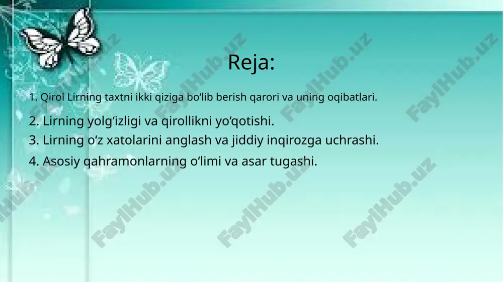sabab bo‘ladi. qirol lir taxtni ikki qiziga bo‘lib berish qarorini qabul qilganda, u o‘zining hukmronlikda bo‘lishi va qarorlarini qizlarining sevgisiga asoslashni maqsad qilgan edi. lir, kordeliyani eng kam so‘zlar bilan izhor etgan sevgisiga e’tibor bermay, uni taxtning yarmidan mahrum etadi. aksincha, goneril va regan, uning so‘zlariga ko‘ra, o‘z sevgilarini juda ko‘p ifodalab, uni aldab, taxtni qo‘lga kiritadilar. biroq, bu qaror natijasida lirning oilaviy rishtalari buziladi va uning hukmronligi oxir-oqibat zaiflashadi. goneril va regan, bir-birlarini aldab, lirni o‘zlarining qurboni qilishadi. bu esa, nihoyat, lirning chuqur iztirob va qayg‘uga tushishiga, oilaviy mojarolar va halokatga olib keladi. 2. lirning yolg‘izligi va qirollikni yo‘qotishi. lir taxtini qizlariga bo‘lib bergach, o‘zini yolg‘iz va zaif his qiladi. o‘zining avvalgi qudratidan va davlat boshqaruvidan mahrum bo‘lgan lir, endi oilaviy ishonchni va hurmatni yo‘qotadi. goneril va regan unga nisbatan befarq bo‘lib, uni o‘z xohishlariga qarab boshqarishga urinadilar. ular lirni izolyatsiya qilishadi, uning talablarini e’tiborsiz qoldirib, unga nisbatan shafqatsizlik …