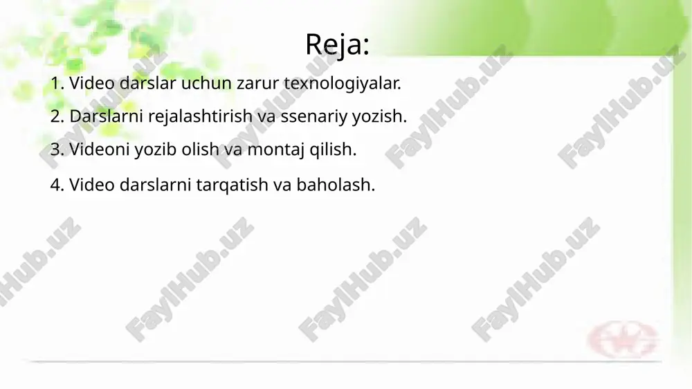 allar tayyorlashda powerpoint, canva va photoshopdan foydalanish foydali bo‘ladi. tayyor darslarni talabalarga yetkazish va ularning ishtirokini kuzatish uchun youtube, google classroom yoki udemy platformalaridan foydalanish tavsiya etiladi. 2. darslarni rejalashtirish va ssenariy yozish. darslarni rejalashtirish samarali video dars yaratishning muhim bosqichidir. avval mavzu va maqsad aniqlanadi, bu esa kontentning aniq va tushunarli bo‘lishiga yordam beradi. keyingi qadamda asosiy mazmun rejalashtirilib, darsning mantiqiy ketma-ketligi belgilanadi. ssenariy yozishda kirish qismi, asosiy tushuntirish jarayoni va yakuniy xulosa kabi bo‘limlar aniq tuziladi. o‘quvchilar uchun qiziqarli va interaktiv bo‘lishi uchun real misollar, animatsiyalar yoki savol-javob usullari qo‘llaniladi. yaxshi tuzilgan reja va ssenariy video darsning samaradorligini oshiradi va o‘quvchilarni mavzuni chuqurroq o‘zlashtirishga undaydi. darslarni rejalashtirish va ssenariy yozish jarayoni video darsning samaradorligini belgilaydi. avval mavzuni aniqlab, uning maqsadi va auditoriyasi belgilab olinadi. darsning asosiy qismi kichik bo‘limlarga bo‘linib, har bir bo‘lim uchun aniq tushuntirish usuli tanlanadi. ssenariy yozishda tabiiy va tushunarli til ishlatish, vizual materiallar va …