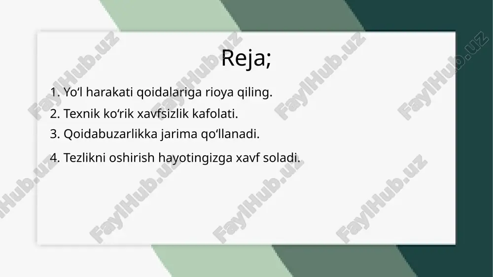 k ko‘rik xavfsizlik kafolati. texnik ko‘rik transport vositalarining texnik holatini tekshirish va ularning xavfsiz harakatlanishini ta’minlash uchun muhim jarayondir. ushbu jarayon avtomobil yoki boshqa transport vositasining ishlash qobiliyatini baholash, muammolarni aniqlash va oldini olishga xizmat qiladi. texnik ko‘rik vosita dvigateli, tormoz tizimi, rul boshqaruvi, chiroqlar, signal tizimi va shinalarning holatini o‘rganishni o‘z ichiga oladi. bu jarayon transport vositasining ishonchli ishlashini ta’minlab, yo‘l harakati xavfsizligini oshiradi. muntazam texnik ko‘rik yo‘l-transport hodisalarining oldini olishga yordam beradi. nosoz transport vositasi nafaqat haydovchi, balki yo‘l harakati ishtirokchilari uchun ham xavf tug‘diradi. shu sababli, texnik ko‘rikdan o‘tish nafaqat qonuniy talab, balki har bir haydovchining majburiyatidir. texnik xizmat ko‘rsatish va ko‘rikdan o‘z vaqtida o‘tish transport vositasining uzoq muddat xizmat qilishini ta’minlaydi va kutilmagan nosozliklarni oldini oladi. xavfsiz harakatlanish uchun har bir haydovchi o‘z transport vositasining texnik holatiga muntazam e’tibor berishi lozim. texnik ko‘rik xavfsizlik kafolati – bu transport vositasining xavfsiz va ishonchli ishlashini ta’minlash uchun amalga …