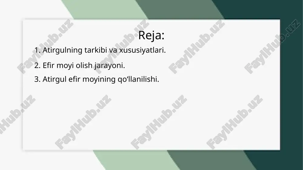 iladi va moyning tozaligi va tarkibi baholanadi. tayyor efir moyi maxsus idishlarda qorong‘u joyda saqlanadi. atirguldan efir moyi olish jarayoni asosan bug‘ bilan distillatsiya qilish orqali amalga oshiriladi. yig‘ilgan atirgul gullari issiq bug‘ orqali qaynatilib, moy va suv ajratiladi. gullar to‘liq ochilmagan, yangi bo‘lishi kerak, chunki ularni to‘plaganda efir moyi eng yuqori miqdorda bo‘ladi. distillatsiya jarayonida atirgul gullari bug‘ bilan qaynatiladi, bu orqali efir moyi ajraladi. olingan efir moyi va suv aralashmasi sovutiladi, va efir moyi yuqori qatlamda ajratiladi. tayyor efir moyi sifatini tekshirish uchun tahlillar o‘tkazilib, uning xususiyatlari va tozaligi aniqlanadi. so‘ngra efir moyi maxsus shisha idishlarga quyilib, qorong‘u va sovuq joyda saqlanadi. etiboringiz uchun rahmat! image1.png image2.jpeg image3.jpeg