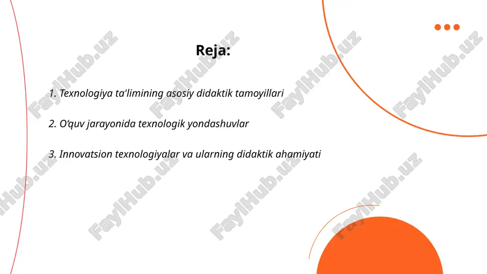 tdi. texnologik yondashuvlar ta'lim jarayonini individuallashtiradi va moslashuvchan o‘rgatish imkoniyatlarini yaratadi. tadqiqotlarga ko‘ra, 2021-yilda o‘quvchilar orasida onlayn platformalardan foydalanish darajasi 35% ga oshgan. o‘qituvchilar esa interaktiv doskalar va virtual laboratoriyalar kabi innovatsion texnologiyalardan foydalanib, ta’lim sifatini oshirishda muvaffaqiyat qozonmoqda. ... t.me/slaydai_bot innovatsion texnologiyalar ta'lim jarayonida muhim rol o‘ynaydi. ular ta’lim sifatini oshirish va o‘quvchilarning qiziqishini orttirishga xizmat qiladi. statistik ma’lumotlarga ko‘ra, 2020-yilda global ta'lim texnologiyalari bozori 227 milliard dollarni tashkil etgan va yillik o‘sish sur’ati taxminan 16,5% bo‘lgan. innovatsion texnologiyalar, masalan, virtual va kengaytirilgan haqiqat, ta’limda yangi ta’lim uslublarini joriy etish imkonini beradi. masofaviy ta’lim platformalari orqali talabalar sayyoraning turli burchaklarida joylashgan o‘qituvchilar bilan muloqot qilishi mumkin. shu bilan birga, sun’iy intellekt va o‘rganish tahlillari yordamida personalizatsiya qilingan ta’limni yo‘lga qo‘yish imkoniyati tug‘iladi. bularning barchasi ta’lim jarayonining samaradorligini oshirishda didaktik ahamiyatga ega. ... t.me/slaydai_bot 4. fanga oid ta'limda zamonaviy texnologiyalar roli 4. fanga oid ta'limda zamonaviy texnologiyalar juda muhim rol …