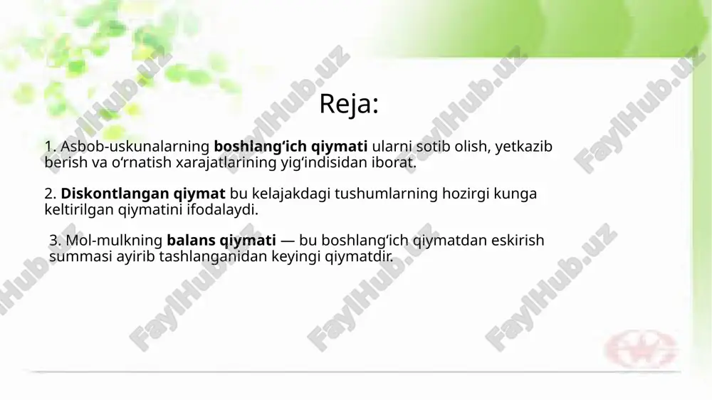 ilan bog‘liq texnik xizmatlar xarajatlari ham hisobga olinadi. shu tarzda shakllangan boshlang‘ich qiymat, aktivning butun hayotiy davrida amalga oshiriladigan buxgalteriya hisoblarining boshlang‘ich nuqtasi hisoblanadi. 2. diskontlangan qiymat bu kelajakdagi tushumlarning hozirgi kunga keltirilgan qiymatini ifodalaydi. diskontlangan qiymat — bu iqtisodiy qarorlar qabul qilishda kelajakda olinadigan foyda yoki tushumlarning bugungi kundagi qiymatini aniqlash usulidir. bu tushuncha investorlar, tadbirkorlar yoki moliyaviy tahlilchilar tomonidan loyihalarning foydaliligini baholashda keng qo‘llaniladi. diskontlash orqali ma’lum vaqt davomida olinadigan pul oqimlari tanlangan diskont stavkasi asosida hozirgi kunga keltiriladi. bu jarayon orqali kelajakdagi tushumlar hozirgi vaqtda qanday qiymatga ega ekanligi aniqlanadi. shuningdek, diskontlangan qiymat investitsiya loyihalarining samaradorligini taqqoslashda, uzoq muddatli qarorlar qabul qilishda muhim ahamiyatga ega. bu qiymat qanchalik katta bo‘lsa, loyiha yoki aktiv shunchalik jozibador hisoblanadi. diskontlangan qiymat – bu iqtisodiy tahlilda keng qo‘llaniladigan tushuncha bo‘lib, u kelajakda olinishi kutilayotgan tushum yoki foydaning bugungi kundagi qiymatini ifodalaydi. bu yondashuv pulning vaqt o‘tishi bilan o‘z qiymatini yo‘qotishini hisobga …