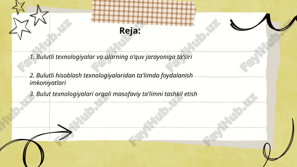 etish va ularga qatnashishda foydalanishlari mumkin. statistik ma’lumotlarga ko'ra, 2022-yilda ta’limda bulutli texnologiyalarni qo’llash darajasi 50% dan oshgan. bu texnologiyalar qiyosiy tahlil va qoniqish darajasi bo'yicha yuqori baholarga ega bo'lib, masofaviy ta'lim sifatini oshirishi aniqlandi. shu sababli, bulutli hisoblash texnologiyalari ta'limda keng qo'llanmoqda. ... t.me/slaydai_bot bulut texnologiyalari orqali masofaviy ta'limni tashkil etishda talabalarga turli onlayn platformalarda ta’lim olish imkoniyati yaratiladi. 2021-yilda, masofaviy ta'lim platformalarida faollik ortishi 70% ga o'sgan. bulut texnologiyalari orqali 80 dan ortiq mamlakatlarda tahsil olish imkoniyati mavjud. 2022-yilda, masofaviy ta’limda qatnashayotgan talabalarning 60% i bulut texnologiyalaridan foydalanadi. ushbu texnologiyalar yordamida ma'lumotlarni saqlash va ulashish tezligi 30% ga oshgan. o'qituvchilar va talabalar o'rtasidagi muloqot sifatini 50% ga yaxshilanishi kuzatilgan. shuningdek, bulut xizmatlarining qo'llanilishi elektron kutubxonalar ulashish darajasini 40% ga oshirgan. 2023-yilga kelib, bulut xizmatlaridan foydalanayotgan ta'lim muassasalarining ulushi 65% ni tashkil etadi. ... t.me/slaydai_bot 4. o'quv platformalari va bulut texnologiyalari integratsiyasi 4. o'quv platformalari va bulut texnologiyalari integratsiyasi …