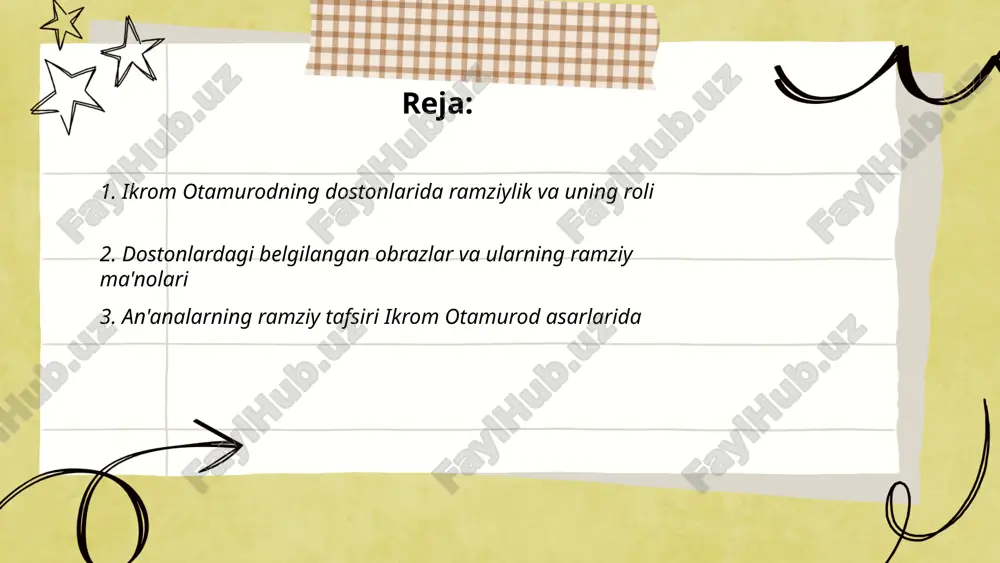 ri bilan bog'laydi. bu obrazlar hamjamiyatda birlashish va o'zligini aniqlash vositasi ham hisoblanadi. ... t.me/slaydai_bot ikrom otamurod asarlarida an’analarning ramziy tafsiri muhim rol o’ynaydi. u, ayniqsa, mahalliy urf-odatlar va qadriyatlarni o’ziga hos ramzlar orqali ifoda etadi. uning asarlarida o'zbek xalq hayotining chinakam mohiyati ochib beriladi. u faoliyatining 1980-yillarida ijodiy yetuklikka erishgan. otamurodning ko'plab asarlarida oila, mehnatsevarlik, va urf-odatlarning ahamiyati asosiy mavzulardan biri hisoblanadi. uning ijodida ramzlar orqali tashvish, dunyoqarash va jamiyatdagi o’zgarishlar aks ettiriladi. u o’z asarlarida an’anaviy madaniyatga zamonaviy yondashuvni qo’llash orqali keng auditoriyaga murojaat qiladi. asarlari ko'plab tanqidchilar tomonidan yuqori baholanib, 20 dan ortiq kitobi nashr etilgan. ... t.me/slaydai_bot 4. yoritilmagan ramzlar va ularning yashirin ma'nolari yoritilmagan ramzlar va ularning yashirin ma'nolari mavzusi insoniyat tarixida muhim o‘rin tutadi. ramzlar ko‘pincha madaniyatlar, dinlar va san'atda qo‘llanilib, ularning yashirin ma'nolari chuqur tahlilni talab qiladi. masalan, ilon ramzi ko‘plab madaniyatlarda donolik va qayta tug‘ilish belgisi sifatida qabul qilinadi. g‘arbiy madaniyatlarda qora …