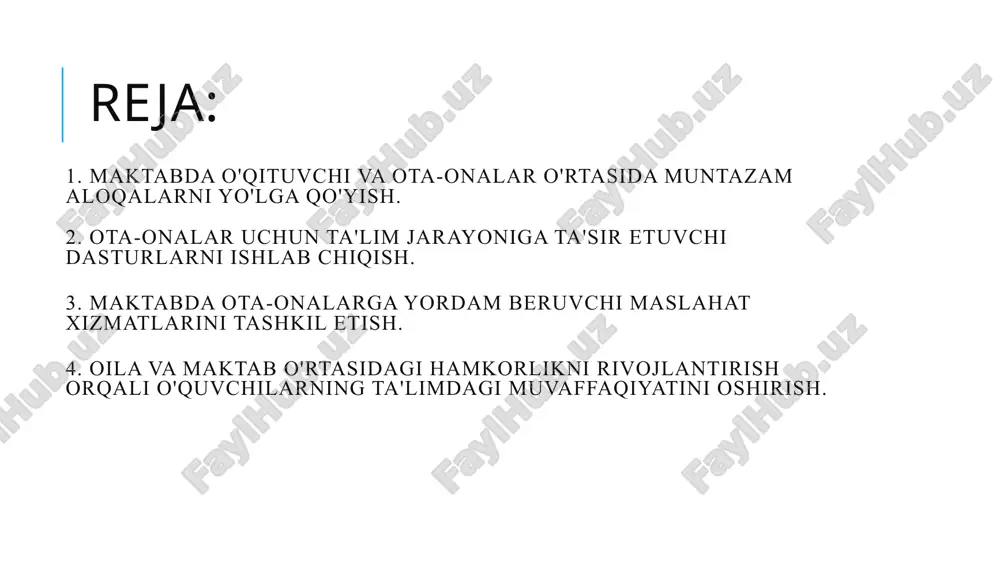 atib, ota-onalarga muntazam ravishda yuborishlari mumkin. bu orqali ota-onalar maktabdagi voqealardan xabardor bo'lishadi va o'z farzandlarining ta'lim jarayonidagi ishtirokini kuzatishlari mumkin. telefon orqali aloqalar: ba'zan telefon orqali aloqalar ham juda samarali bo'lishi mumkin. o'qituvchilar ota-onalar bilan telefon orqali bog'lanib, farzandlarining o'qishdagi muvaffaqiyatlarini yoki muammolarini muhokama qilishlari mumkin. bu, ayniqsa, aniq va tezkor aloqa talab qiladigan holatlarda foydalidir. ota-onalar uchun ochiq eshiklar kuni: maktabda "ochiq eshiklar kuni" tashkil etish, ota-onalarga o'z farzandlarini darsda kuzatish va ularning o'qish jarayonini to'g'ridan-to'g'ri ko'rish imkoniyatini beradi. bu, o'qituvchi va ota-onalar o'rtasidagi ishonchni oshiradi va o'quvchilarning ta'lim jarayoniga yanada samarali tarzda yondashishga yordam beradi. muntazam baholash va fikr-mulohazalar: o'qituvchilar ota-onalarga o'z farzandlarining rivojlanishi haqida doimiy ravishda fikr va mulohazalar taqdim etib, ular bilan birgalikda kelajakda qanday chora-tadbirlarni ko'rish mumkinligini muhokama qilishlari kerak. bu yondashuv o'qituvchilar va ota-onalar o'rtasida o'zaro hamkorlikni kuchaytiradi. 2. ota-onalar uchun ta'lim jarayoniga ta'sir etuvchi dasturlarni ishlab chiqish. ota-onalar uchun ta'lim jarayoniga ta'sir …