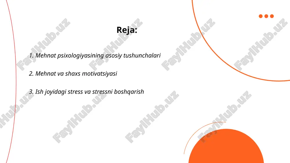 y rivojlanishiga katta hissa qo'shadi. ... t.me/slaydai_bot ish joyidagi stress jismoniy va ruhiy salomatlikka ta'sir qiluvchi omil hisoblanadi. tadqiqotlar shuni ko'rsatadiki, 60% dan ortiq xodimlar ishda stress his qilishadi. stressning boshqarilishi mehnat unumdorligini 20-30% ga oshirishi mumkin. stressni kamaytirish uchun nafas olish mashqlari, sport bilan shug'ullanish va vaqtni to'g'ri taqsimlash tavsiya etiladi. shu bilan birga, muntazam ravishda qisqa tanaffuslar qilish orqali ish samaradorligi yaxshilanadi. xalqaro me'yorlarga ko'ra, har 90 daqiqalik ishdan keyin 15 daqiqalik tanaffus olinganida stress darajasi sezilarli darajada kamayadi. o'zbekistonning turli korxonalari xodimlarining 70% i stress bilan bog'liq muammolarni boshdan kechirayotganini bildirgan, bu esa stressni boshqarish maqsadida turli dasturlarni joriy etishga ehtiyoj borligini ko'rsatadi. ... t.me/slaydai_bot 4. ish faoliyatini baholash ish faoliyatini baholash boshqaruv jarayonining muhim qismi bo'lib, tashkilot xodimlarining samaradorligini aniqlash va rivojlantirishni nazorat qilishdan iborat. odatda, baholash har yili yoki har chorakda amalga oshiriladi. ish faoliyatini baholashning samarali usullari orasida kpi ("kalit tahlil ko'rsatkichlari"), smart maqsadlari, …
