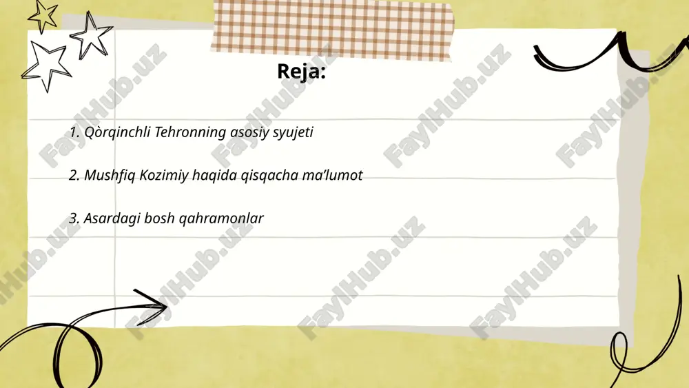 ir ko'rsatadi. bosh qahramonlar odatda asarning asosiy g'oyalari va mavzularini oʻzida aks ettiradi. ularning xarakterlari ko'p hollarda murakkab va rivojlanish jarayonida oʻzgaradi. tarixiy, fantastik, kriminal yoki drama asarlarida bosh qahramonlar turli xil usullarda tasvirlanishi mumkin. ba'zi hollarda, bir asarda bir nechta bosh qahramonlar boʻlishi mumkin, ularning har biri alohida syujet yo'nalishini rivojlantiradi. asardagi bosh qahramonlar voqealarning hayotiyligini taqdim etishda muhim ahamiyatga ega. ... t.me/slaydai_bot 4. tehron shahrining tasviri tehron, erondagi eng yirik shaharlardan biri, eronning poytaxti bo'lib, uning aholisi 2023 yilda taxminan 9 millionni tashkil qiladi. shahar 730 kvadrat kilometr maydonda joylashgan. tehron fors vodiysining markaziy qismida, elborz tog'lari etagida joylashgan. shaharda 22 ta tuman mavjud bo'lib, eng gavjum tumanlardan biri 6-tuman hisoblanadi. tehron iran milliy muzeyi va azadi minorasi kabi madaniy va tarixiy joylarga ega. shaharda 80 dan ortiq universitet va oliy ta'lim muassasalari joylashgan. tehron yer osti metrosi 200 dan ortiq stansiyaga ega va 11 yo'nalishda xizmat ko'rsatadi. …
