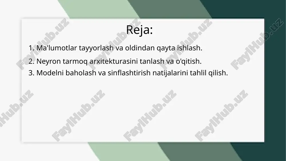 o'qitish. neyron tarmoq arxitekturasini tanlash va o'qitish jarayoni, sun'iy intellekt va mashina o‘rganish tizimlarining samaradorligini belgilovchi asosiy bosqichlardir. tarmoq arxitekturasi va o‘qitish jarayonlari, tadqiqotning maqsadlari va ishlatiladigan ma'lumotlarga qarab farq qiladi. arxitektura tanlashda, eng avvalo, masalaning xususiyatlarini inobatga olish kerak. bu, tarmoq qaysi turdagi ma'lumotlar bilan ishlashini belgilaydi: tasvirlar, matn yoki boshqa turdagi ma'lumotlar. arxitektura, tarmoqning qatlamlari, har bir qatlamdagi neyronlar soni va faollik funktsiyalarini aniqlaydi. a o‘qitish jarayoni, neyron tarmog‘ining o‘rganish bosqichidir. bu jarayonda tarmoq berilgan ma'lumotlar asosida xatolarni tahlil qiladi va o‘zining parametrlarini optimallashtiradi. o‘qitishda xato funktsiyasini tanlash va optimizatsiya algoritmini ishlatish muhim. xato funksiyasi modelning qanchalik yaxshi ishlayotganini ko‘rsatadi, optimizatsiya algoritmi esa, bu xatoni kamaytirishga yordam beradi. tarmoqni o‘rgatishda, o‘qish tezligi, qatlamlar soni, batch o‘lchami va epochlar soni kabi parametrlar ham tanlanadi. bu parametrlar tarmoqning samarali o‘rgatilishiga ta’sir qiladi. shuningdek, tarmoqning sinov ma'lumotlarida baholanishi va ortiqcha moslashishning oldini olish uchun sinov jarayonlari amalga oshiriladi. neyron tarmoq arxitekturasini …
