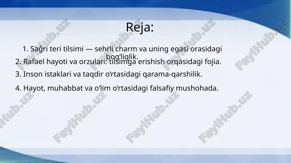 ng ichki kurashi va tashqi dunyo bilan munosabatlarini aks ettiradi. charm, o‘zining sehrli qudrati orqali, egasiga vaqtincha kuch va imkoniyatlar beradi, lekin bu kuchning ta'siri uzoq muddatda egasining ruhiy holatiga ta'sir ko‘rsatadi. charmning hech qanday muqobil yo‘li yo‘q: u egasini bir tomondan hayajonlantiradi, boshqa tomondan esa uning haqiqiy xohishlarini va axloqiy qadriyatlarini yo‘q qiladi. bu bog‘liqlik, insonning o‘zligini yo‘qotish va uni qaytarish o‘rtasidagi muvozanatni o‘rganishga olib keladi. roman orqali sehrli charm va egasi o‘rtasidagi zid munosabatlar, insonning ichki qarorlaridagi to‘siqlarni va o‘zini anglash yo‘lini ko‘rsatadi. 2. rafael hayoti va orzulari: tilsimga erishish orqasidagi fojia. romanning markazida rafael ismli bosh qahramon o‘z orzulariga erishish uchun barcha ehtimoliy yo‘llarni sinab ko‘rishga tayyor. u, hayotidagi barcha murakkabliklarni va qiyinchiliklarni yengish uchun sehrli charmga ega bo‘lishni orzu qiladi. bu charm unga kuch va imkoniyatlar berishi, lekin unga o‘zi kutgan baxtni keltirishi mumkin deb o‘ylaydi. rafaelning orzulari va amallarining ortida insonning ichki bir dunyosi yotadi, …