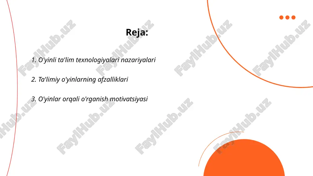 o'yinlar orqali o'rganish motivatsiyasi bolalar va kattalar uchun samarali o'rganish usulidir. tadqiqotlar shuni ko'rsatadi-ki, 90% o'yin asosida taqdim etilgan ma'lumot o'rganilayotgan mavzuni yaxshiroq tushunishga va eslab qolishga yordam beradi. o'yinlar o'rganishni interaktiv va qiziqarli qiladi, bu esa motivatsiyani 45% ga oshirishi mumkin. 2022 yilda o'tkazilgan tadqiqotlar, o'yinlar orqali o'rganish jarayonida ishtirok etganlar boshqa usullardan foydalanadiganlarga qaraganda bilimlarim 75% ko'prog'ini eslab qolganini aniqladi. shu bilan birga, o'yinlar axborotni ko'rgazmali tasvirlar yordamida etkazib, 60% ko'proq samaradorlik ta'minlaydi. xulosaga kelganda, o'yinchoqli ta'lim usullari ijodkorlik, tanqidiy fikrlash va shaxsiy motivatsiyani rivojlantiradi. ... t.me/slaydai_bot 4. ta'limiy o'yinlar dizayn prinsiplari 1. "ta'limiy o'yinlar dizayn prinsiplari" o'yinlarni o'rganish maqsadlariga moslashtirishni talab qiladi. 2. interaktivlik: foydalanuvchi bilan o'zaro aloqani ta'minlagan holda, o'rganish samaradorligini oshiradi. 3. maqsadga yo'naltirilganlik: har bir o'yin elementining ta'limiy maqsadlarni amalga oshirishga hizmat qilishini ta'minlashi lozim. 4. moslashtirilgan vazifalar: yosh va imkoniyatlarga mos keladi, bu esa qiyinchilik darajasini to'g'ri tanlashga yordam beradi. 5. qayta aloqaning …