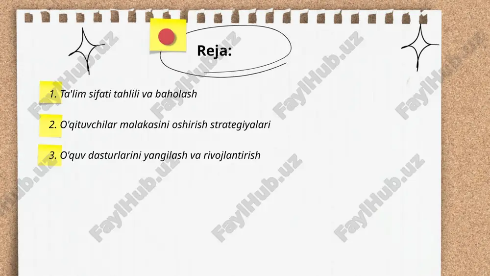 i ta’minlamoqda. bu strategiyalar yordamida o‘quvchilarni o‘qitish sifati sezilarli darajada yuksalishi, o‘qituvchilarning professional bilim va ko‘nikmalarini kengaytirish orqali zamonaviy ta’lim talablariga moslashuvchi kadrlar tayyorlashga xizmat qilmoqda. ... t.me/slaydai_bot o'quv dasturlarini yangilash va rivojlantirish bugungi kunda ta'lim sohasida dolzarb masaladir. ma'lumotlarga ko'ra, 2023 yilga kelib, o'qituvchilarning 70% yangilangan dasturlar bilan ishlashga o'qitilgan. shu bilan birga, 80% maktablar yangi texnologiyalarni joriy qilmoqda. o'zbekistonda 2019-2023 yillar oralig'ida o'quv dasturlarini modernizatsiya qilishga 500 milliard so'm ajratilgan. shu jarayonda matematik fanlar 30% ga, tabiiy fanlar 25% ga modernizatsiyalangan. innovatsion o'quv materiallari bilan ta'minlash uchun 1000 dan ortiq yangi kitob yaratildi. barcha bu sa'y-harakatlar o'quvchilarning bilim darajasini 20% ga oshirishga qaratilgan. shu bilan birga, onlayn ta'lim platformalarini rivojlantirishdan maqsad, ulardan foydalanuvchilar sonini 50% ga ko'paytirishdir. ... t.me/slaydai_bot 4. davlat ta'lim standartlari 4. davlat ta'lim standartlari o‘zbekiston respublikasi ta’lim tizimida sifatni ta’minlash maqsadida ishlab chiqilgan hujjatlardir. bu standartlar o‘quv dasturlarining mazmunini, sifatini va baholash mezonlarini belgilaydi. ular …