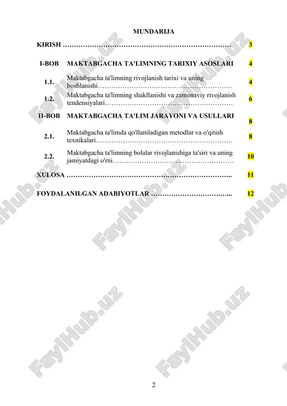 hdi. birinchi maktabgacha ta'lim muassasalari xix asrning ikkinchi yarmida tashkil etila boshlandi. 20-asrga kelib, maktabgacha ta'limning ilmiy asoslari shakllandi va bolalar tarbiyasiga nisbatan ijtimoiy talablar kuchaydi. xulosa maktabgacha ta'lim tarixi zamon o‘tishi bilan o‘zgarib borgan, bolalar tarbiyasining samarali tizimiga asoslangan. bugungi kunda maktabgacha ta'lim zamonaviy talablar asosida rivojlanib, bolalarning rivojlanishiga ijobiy ta'sir ko‘rsatishda davom etmoqda. maktabgacha ta'limni o‘rganish va uni takomillashtirish, kelajakdagi avlodning sog‘lom va barkamol rivojlanishiga katta hissa qo‘shadi. i bob. maktabgacha ta'limning tarixiy asoslari 1.1. maktabgacha ta'limning rivojlanish tarixi va uning boshlanishi maktabgacha ta'limning rivojlanish tarixi uzoq va murakkab davrni o'z ichiga oladi. bu ta'lim shakli inson tarbiyasining dastlabki bosqichlarini tashkil etadi va bolalar uchun asosiy bilim va ko'nikmalarni shakllantiradi. maktabgacha ta'limni rivojlantirishning boshlanishi qadimiy davrlarga borib taqaladi. xususan, qadimgi misr, yunoniston va rimda bolalar uchun maxsus o'quv muassasalari tashkil etilgan edi. ammo bu ta'lim shakli asosan ijtimoiy toifalar va tabaqalarga bog'liq edi. yevropada maktabgacha ta'limning rivojlanishi 18-19-asrlarda, …