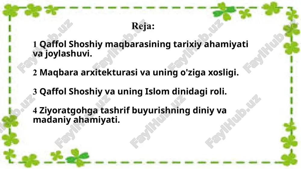 hlari va restavratsiyalardan o‘tgan, ammo uning asl me'moriy qiyofasi saqlanib qolgan. maqbaraning ichki qismlari va atrofdagi maydonlar o‘sha davrning me’moriy uslubi va islom dinining diniy ramzlariga boy. qaffol shoshiy maqbarasi nafaqat diniy va ilmiy ahamiyatga ega, balki o'zining me'moriy va madaniy ahamiyati bilan ham dolzarb bo'lib, o'zbekistonning madaniy merosining ajralmas qismidir. bu joy nafaqat musulmonlar, balki dunyoning turli burchaklaridan kelgan sayyohlar uchun ham qadrlanadi. maqbara toshkentning tarixiy markazida joylashgani sababli, unga kirish oson va u shaharning boshqa tarixiy yodgorliklari bilan birgalikda sayyohlar uchun muhim manzil hisoblanadi. 2 maqbara arxitekturasi va uning o'ziga xosligi. qaffol shoshiy maqbarasining arxitekturasi o'ziga xos va islom me'morchiligining klassik unsurlarini o'z ichiga oladi. maqbaraning simmetrik tuzilishi uning dizaynida muhim o'rin tutadi. markaziy qismida baland kupol joylashgan bo'lib, bu element islom me'morchiligining an'anaviy belgisi hisoblanadi. kupol ichki makonni yorqin va keng his qilinishiga yordam beradi, uning ustki qismini bezashda geometrik naqshlar va arabeska o'yma uslublari ishlatilgan. maqbarada …