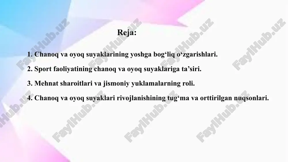 kinlashtirish uchun jismoniy faollik, to‘g‘ri ovqatlanish va suyaklarni mustahkamlovchi mashqlar bajarish tavsiya etiladi. shu bilan birga, suyaklarning elastikligini saqlash uchun kalsiy va d vitamini iste’mol qilish muhim hisoblanadi. bolalikdan boshlab suyaklarning to‘g‘ri rivojlanishini ta’minlash, yosh o‘tishi bilan esa ularni zaiflashishdan asrash muhim. chanoq va oyoq suyaklarini sog‘lom saqlash uchun muntazam jismoniy mashqlar bajarish, muvozanatni saqlovchi harakatlar qilish va ortiqcha og‘irlikdan saqlanish lozim. shu yo‘l bilan yoshga bog‘liq o‘zgarishlarni nazorat qilish va suyaklarni uzoq yillar davomida mustahkam saqlash mumkin bo‘ladi. chanoq va oyoq suyaklari inson tanasining muhim qismlaridan biri bo‘lib, ular yoshga qarab turli xil o‘zgarishlarga uchraydi. bu o‘zgarishlar bolaning tug‘ilishidan boshlab keksalik davrigacha davom etadi. tug‘ilish vaqtida chaqaloqning chanoq suyaklari hali to‘liq rivojlanmagan bo‘lib, ular elastik va yumshoq bo‘ladi. bu holat tug‘ruq jarayonini yengillashtirish va bolaning dastlabki yillarida harakatlanish qobiliyatini rivojlantirishga yordam beradi. bolalar o‘sishi bilan chanoq va oyoq suyaklari asta-sekin qotib boradi, tog‘aylar esa suyak to‘qimasiga aylana boshlaydi. 2. …
