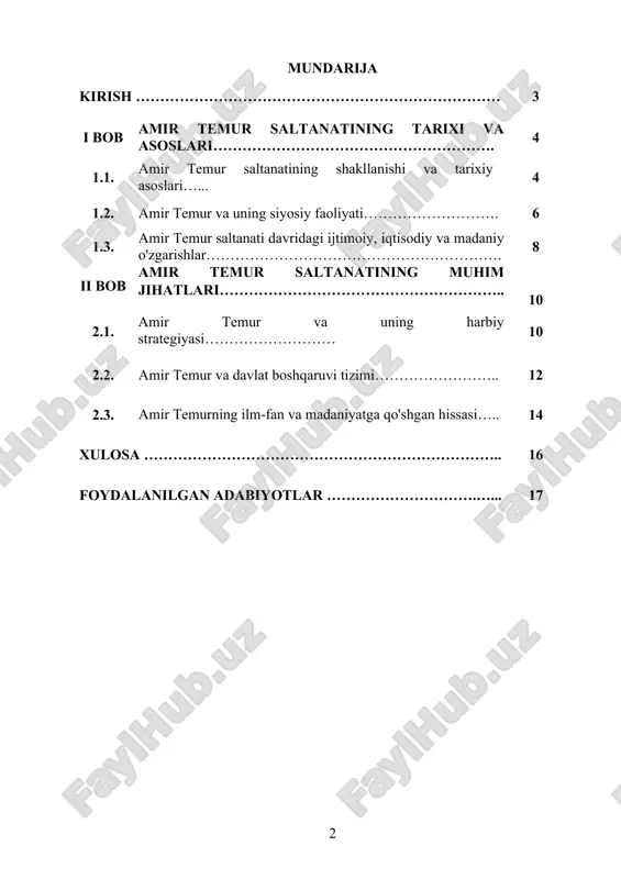 yatini shakllantirish va siyosiy faoliyatga qiziqishni oshirish orqali jamiyatdagi erkin va adolatli fuqarolarni tayyorlashga qaratilgan pedagogik metodologiyalarni o'rganishdan iborat. bundan tashqari, islom dini ta'limi va uning pedagogik g'oyalarining ta'lim tizimidagi roli ham tahlil qilinadi. amir temur saltanatining ta'lim tizimidagi siyosiy va diniy ta'limning birlashishi, fuqarolarning siyosiy mas'uliyatni tushunishi, ijtimoiy faoliyatga tayyorlanishi va davlatni mustahkamlashdagi o'rni ko'rib chiqiladi. mustaqil ishining obyekti: amir temur saltanati davridagi siyosiy pedagogik tamoyillar va ularning ta'lim tizimidagi roli hisoblanadi. bu doirada, siyosiy tarbiyaning ta'lim jarayonidagi o'rni, o'quvchilarda siyosiy ongni rivojlantirish, fuqarolik mas'uliyatini shakllantirish va siyosiy faoliyatga qiziqishni oshirish masalalari o'rganiladi. shuningdek, islom dini tarbiyasining ta'lim jarayonidagi roli va uning pedagogik g'oyalarining ta'lim tizimiga tatbiqi ham mustaqil ishning obyekti hisoblanadi. bu o'rganishda, islom dini va amir temur saltanatining siyosiy pedagogik tamoyillari o'rtasidagi bog'liqlik, ta'limda erkin fikr va mas'uliyatli fuqarolarni shakllantirishdagi o'rni ham ko'rib chiqiladi. i bob. amir temur saltanatining tarixi va asoslari. 1.1. amir temur saltanatining shakllanishi …