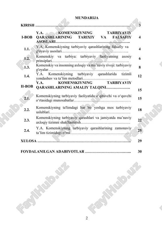 sonning individual xususiyatlariga mos ravishda ta'lim berish zarurligini ta'kidlagan. bugungi kunda komenskiyning qarashlari ta'lim va tarbiya sohasida o‘zining dolzarbligini yo‘qotmagan. kurs ishining maqsadi: ushbu kurs ishining maqsadi y.a. komenskiyning tarbiyaviy qarashlarini tahlil qilish, uning ta'lim tizimiga kiritgan yangiliklari va pedagogik g‘oyalarini o‘rganishdir. komenskiyning tarbiya, o‘qitish va ilmiy metodologiyaga oid g‘oyalari, uning asosiy tamoyillari va prinsiplarini chuqur o‘rganish zarurdir. shuningdek, komenskiyning tarbiyaviy qarashlarining bugungi kunda ham ta'lim jarayonida qanday qo‘llanilishi va uning ta'lim tizimidagi o‘rni tahlil qilinadi. kurs ishining obyekti: kurs ishining obyekti sifatida y.a. komenskiyning tarbiyaviy qarashlari va uning pedagogik g‘oyalari olinadi. komenskiyning ta'lim va tarbiya sohasida ilgari surgan prinsip va metodikalari, shaxsning axloqiy va ma'naviy rivojlanishiga doir qarashlari, o‘quvchilarning individual xususiyatlariga mos ta'lim berishning ahamiyati kabi masalalar o‘rganiladi. shuningdek, uning ta'lim metodlarining jamiyatda qanday tatbiq etilishi, tarbiya jarayonida pedagogning o‘rni va o‘quvchilarga qarshi ta'limdagi uslublarning samaradorligi tahlil qilinadi. komenskiyning qarashlari nafaqat tarbiya, balki ilm-fan va madaniyatning rivojlanishiga ham katta …
