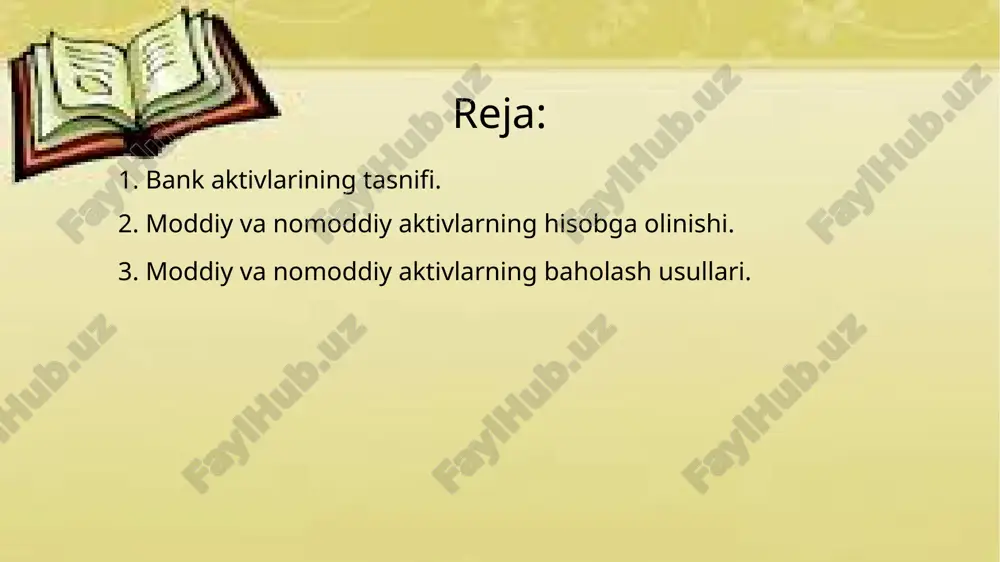 ega bo‘lmasa ham, bankning bozor qiymatini oshirish va raqobatbardoshligini ta’minlashda katta ahamiyatga ega. masalan, zamonaviy bank tizimlari uchun maxsus ishlab chiqilgan dasturiy platformalar mijozlarga tezkor va xavfsiz xizmat ko‘rsatish imkonini beradi. bank aktivlari – bu bankning mablag‘lari joylashtiriladigan, daromad keltiradigan va uning moliyaviy barqarorligini ta’minlaydigan resurslar hisoblanadi. ushbu aktivlar bankning asosiy iqtisodiy qurollari bo‘lib, ular bank faoliyatining samaradorligi, risk darajasi va barqarorligini belgilaydi. bank aktivlari turli mezonlar asosida tasniflanadi, jumladan, ularning shakli, likvidlik darajasi, foydalilik muddati va daromadlilik darajasi bo‘yicha farqlanadi. moddiy aktivlarga bank binolari, ofis va xizmat ko‘rsatish shoxobchalari, bankomatlar, kompyuter texnikasi, server uskunalari, transport vositalari, mebellar hamda boshqa jismoniy shaklga ega bo‘lgan aktivlar kiradi. ushbu aktivlar bankning doimiy faoliyat yuritishi uchun zarur bo‘lib, ularsiz mijozlarga sifatli xizmat ko‘rsatish imkoni bo‘lmaydi. moddiy aktivlar eskirish va amortizatsiya jarayoniga duch keladi, bu esa ularning qiymatini vaqt o‘tishi bilan pasaytiradi. 2. moddiy va nomoddiy aktivlarning hisobga olinishi. moddiy va nomoddiy aktivlarning hisobga …