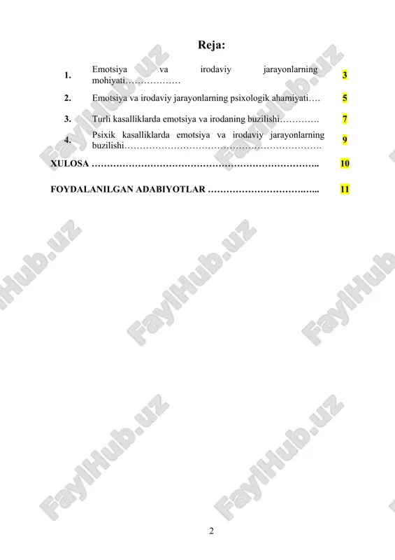bo‘lib, ular insonning xulq-atvorini, fikrlashini va fiziologik holatini o‘zgartiradi. emotsiyalar ijobiy (quvonch, muhabbat, baxtiyorlik, g‘urur) yoki salbiy (qo‘rquv, g‘azab, qayg‘u, nafrat) shaklda namoyon bo‘lishi mumkin. ushbu holatlar miyadagi neyrofiziologik jarayonlar bilan bog‘liq bo‘lib, ular organizmning umumiy holatiga bevosita ta’sir ko‘rsatadi. emotsiyalar faqat individual tajribalar natijasi emas, balki ijtimoiy omillarga ham bog‘liq. masalan, odamlar o‘zaro muloqot jarayonida turli xil emotsiyalarni boshdan kechiradilar va ularga javob qaytaradilar. emotsiyalar muloqot samaradorligini oshirish, ijtimoiy munosabatlarni mustahkamlash yoki aksincha, kelishmovchiliklarni yuzaga keltirishda muhim rol o‘ynaydi. iroda – insonning ongli ravishda o‘z harakatlarini boshqarish, maqsad sari intilish va qiyinchiliklarni yengish qobiliyatidir. irodaviy jarayonlar insonning hayotda muvaffaqiyatga erishishida asosiy omillardan biri hisoblanadi. kuchli iroda shaxsning o‘zini boshqara olish, sabr-toqatli bo‘lish, harakatlarini rejalashtirish va to‘g‘ri qarorlar qabul qilish qobiliyatini oshiradi. iroda insonning ichki motivatsiyasiga tayanadi va uzoq muddatli maqsadlarga erishishda asosiy omil hisoblanadi. irodaviy jarayonlar bir necha bosqichlardan iborat: 1. maqsadni aniqlash – inson o‘z oldiga aniq vazifalar …